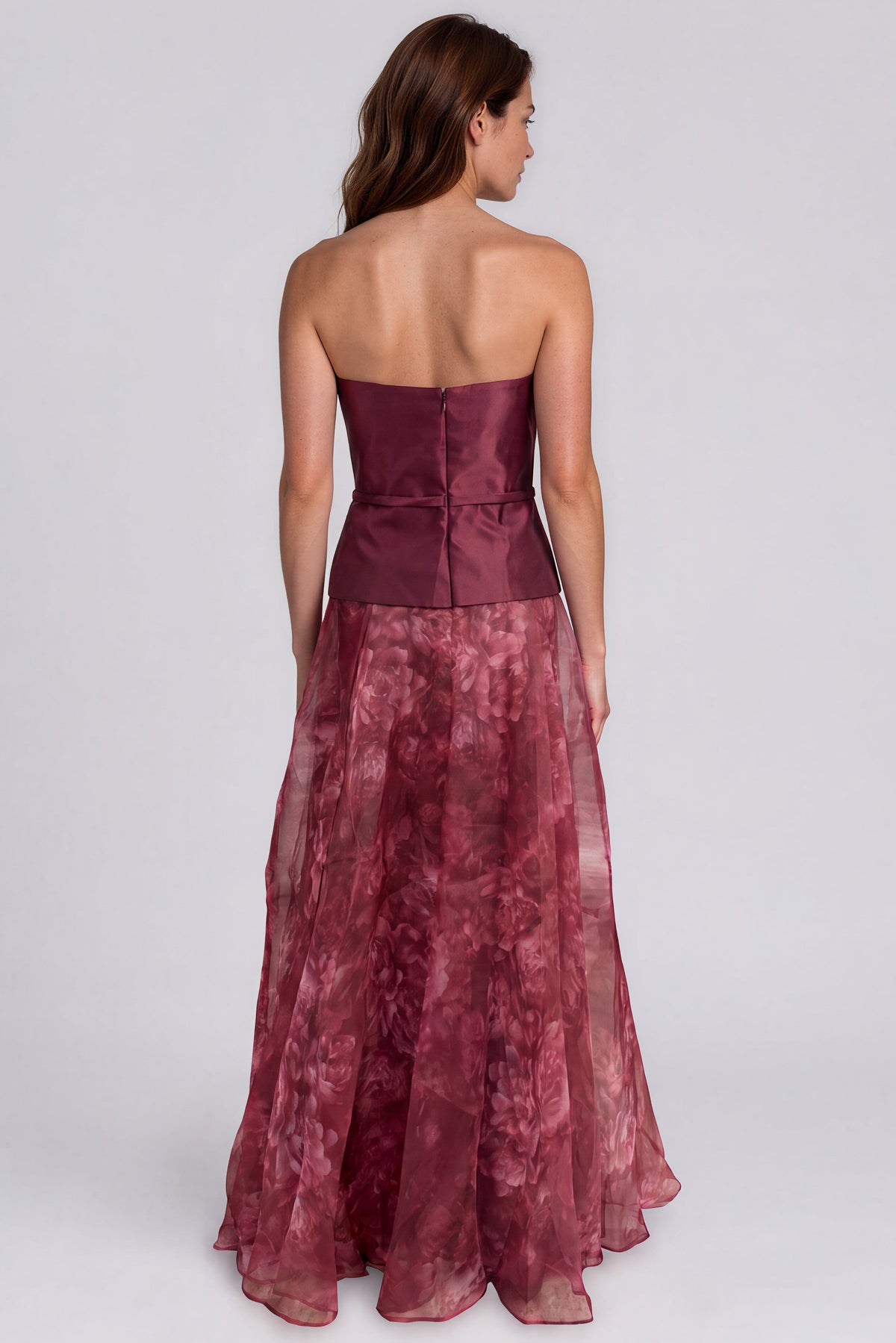 Strapless Mikado Bodice Printed Organza A-Line Gown with Peplum Waist Gown Rene Ruiz Collection