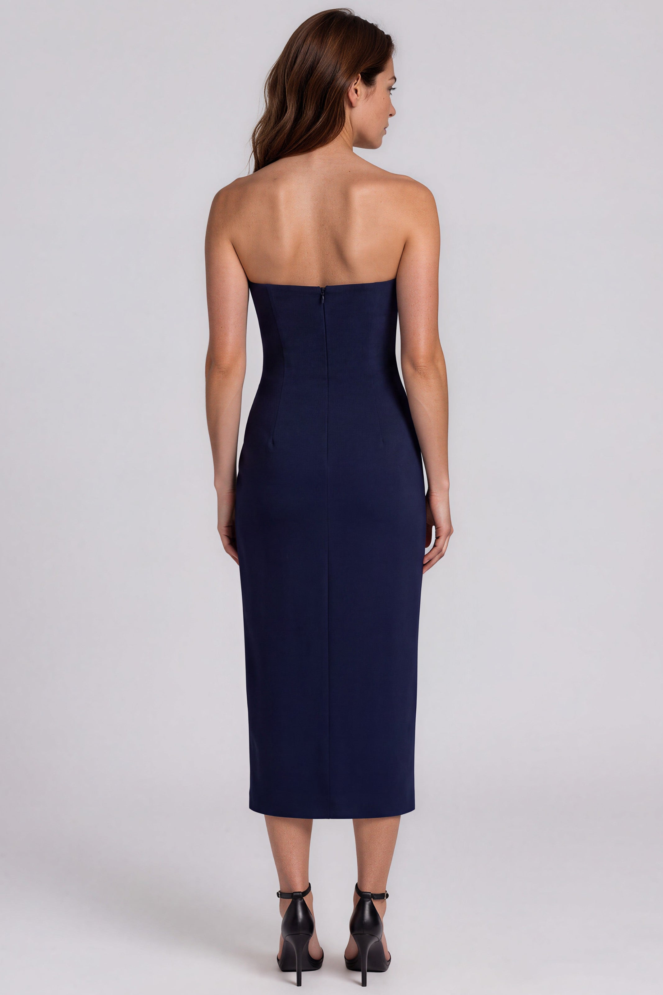 Strapless Crepe 3D Floral Appliqué Column Midi Cocktail
