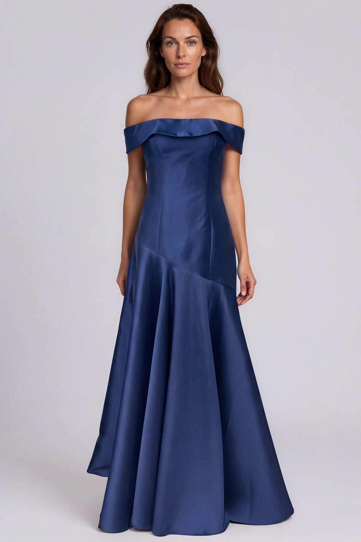 Off The Shoulder Asymmetric Waist Mikado Fit and Flare Gown Gown Rene Ruiz Collection