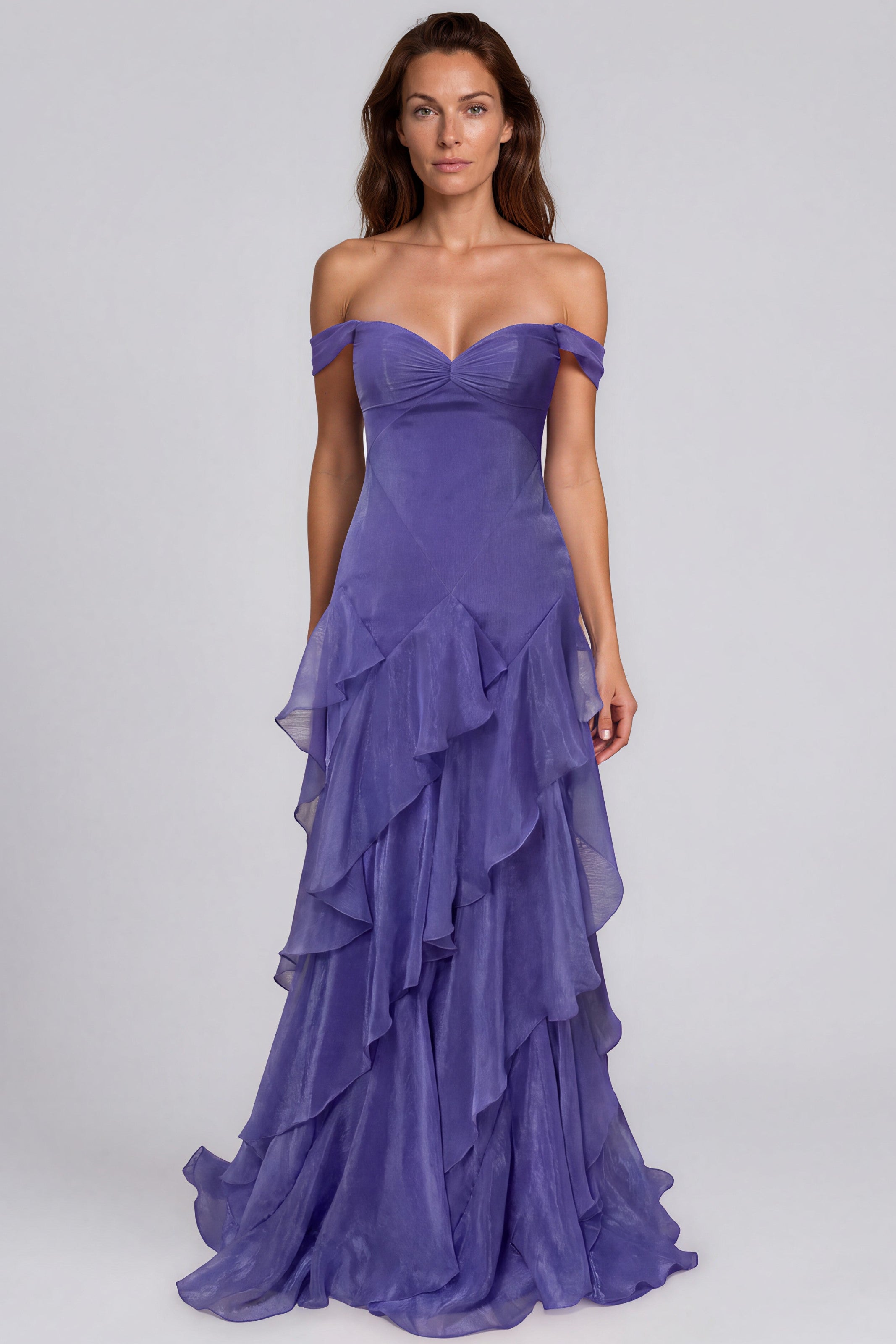 Off The Shoulder Tiered Ruffle Skirt Fit And Flare Chiffon Gown Gown Rene Ruiz Collection