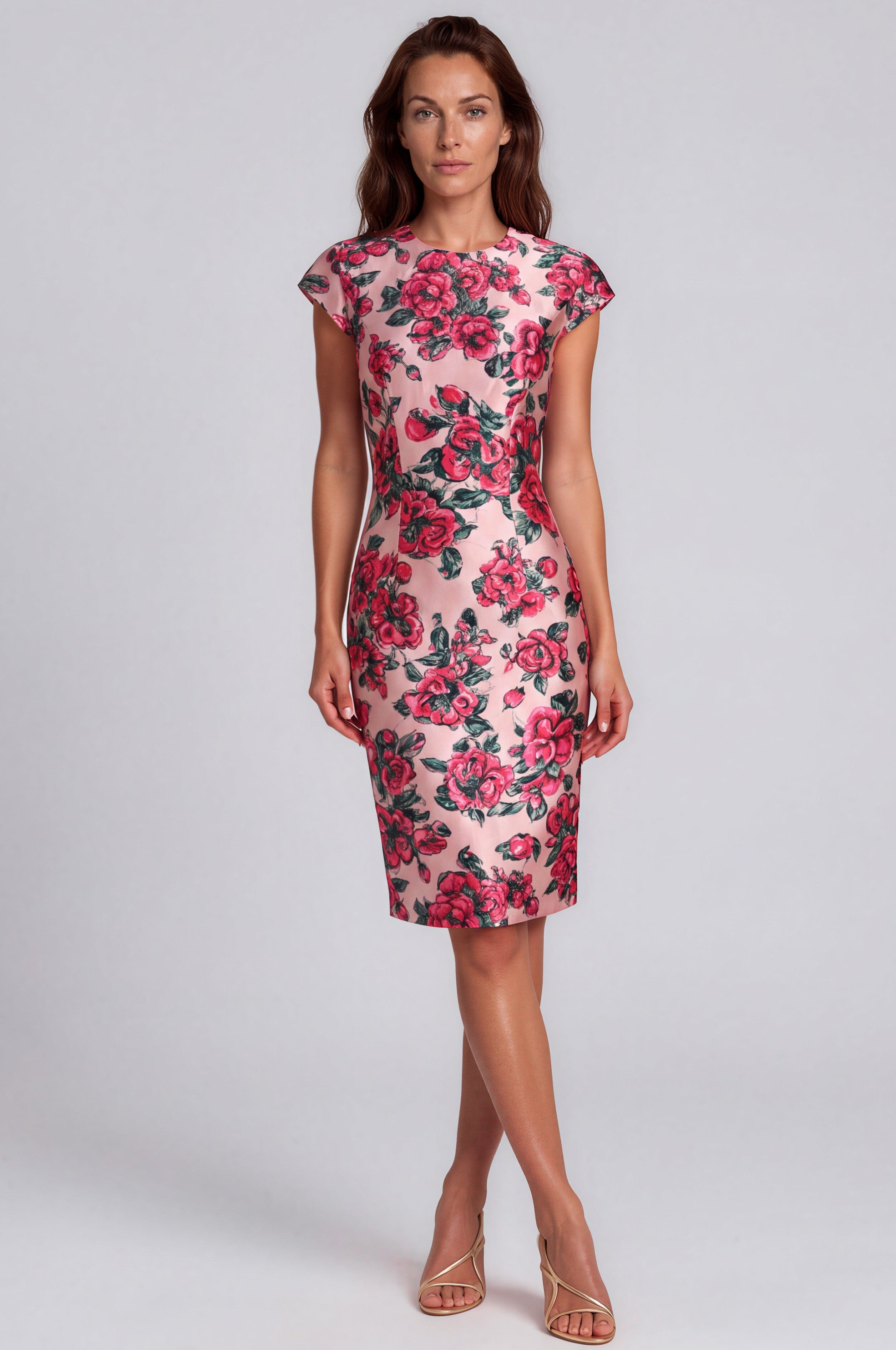 Cap Sleeve Printed Mikado Sheath Cocktail Dress Cocktail Rene Ruiz Collection