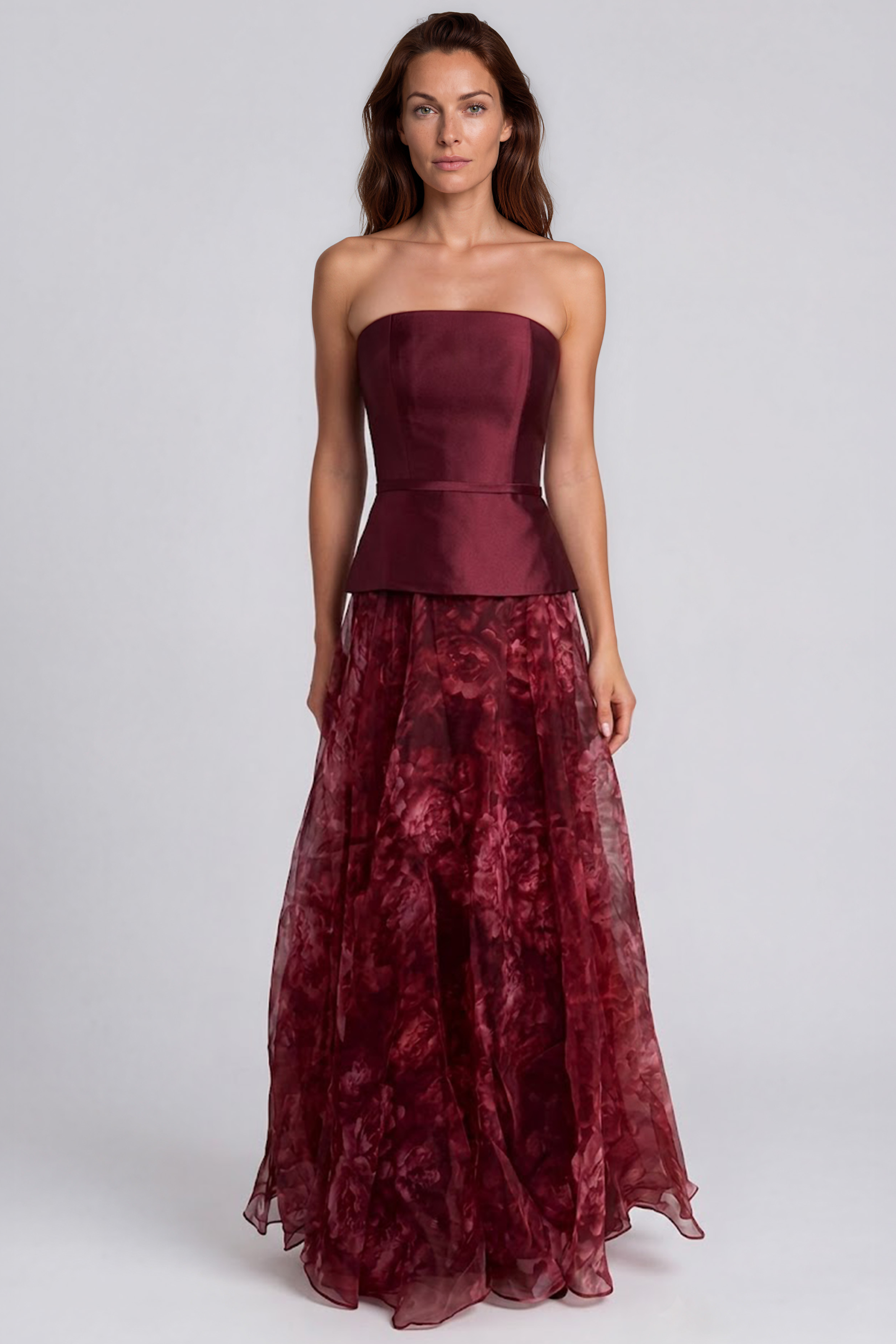 Strapless Mikado Bodice Printed Organza A-Line Gown with Peplum Waist Gown Rene Ruiz Collection