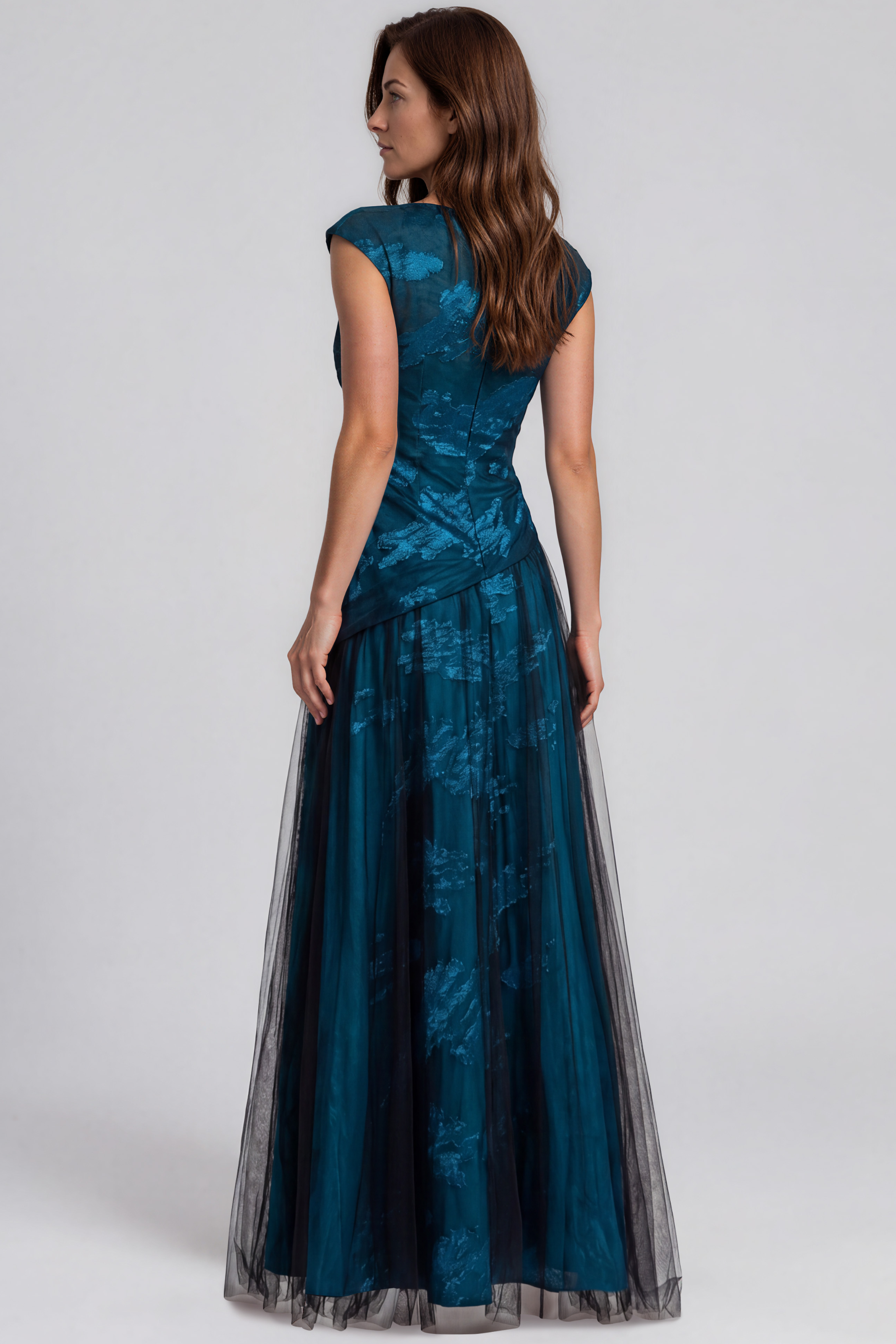 Cap Sleeve Printed Organza A-Line Gown with Draped Waist and Tulle Overlay Gown Rene Ruiz Collection