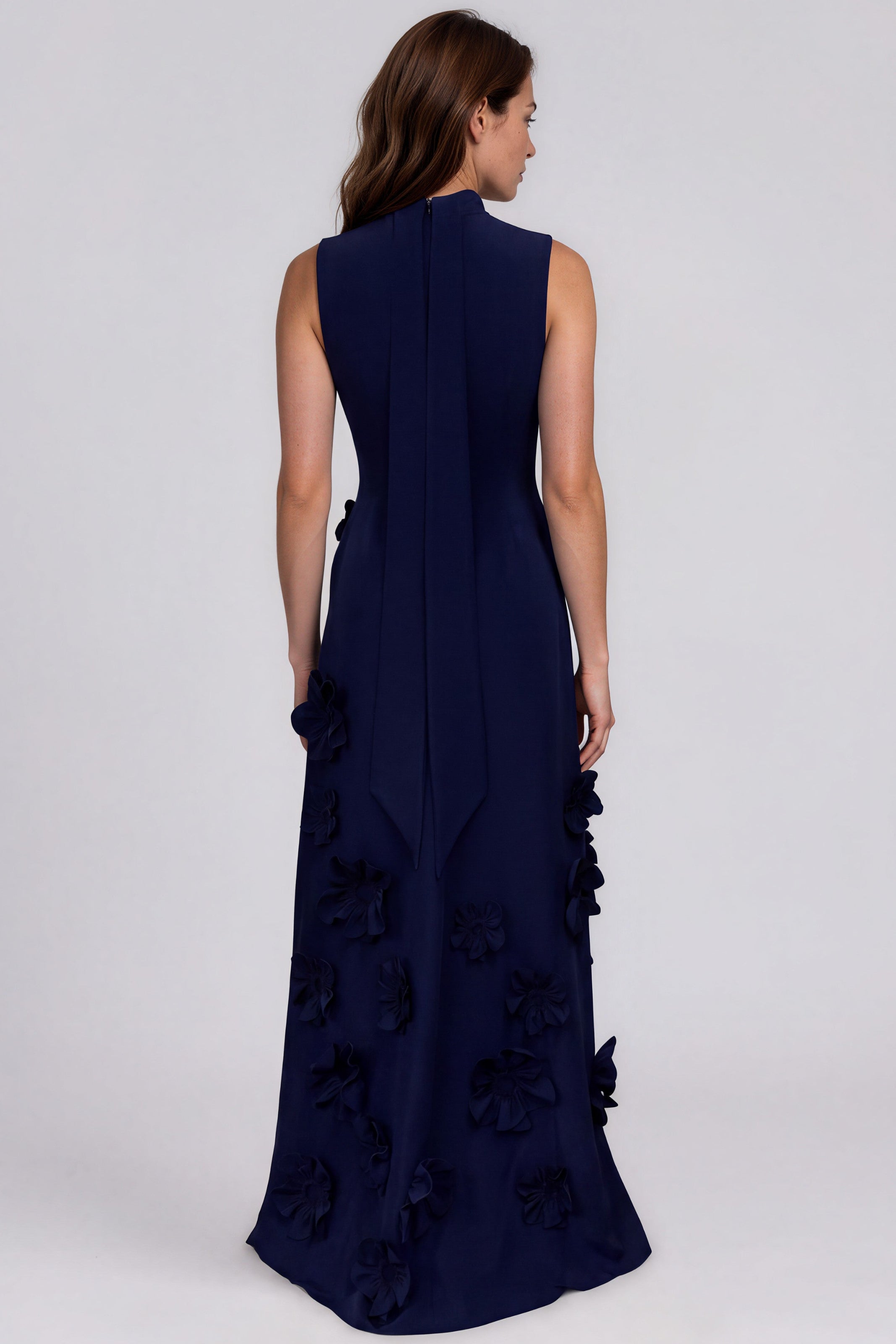 High Neck Sleeveless 3D Floral Appliqués Crepe Fit And Flare Gown