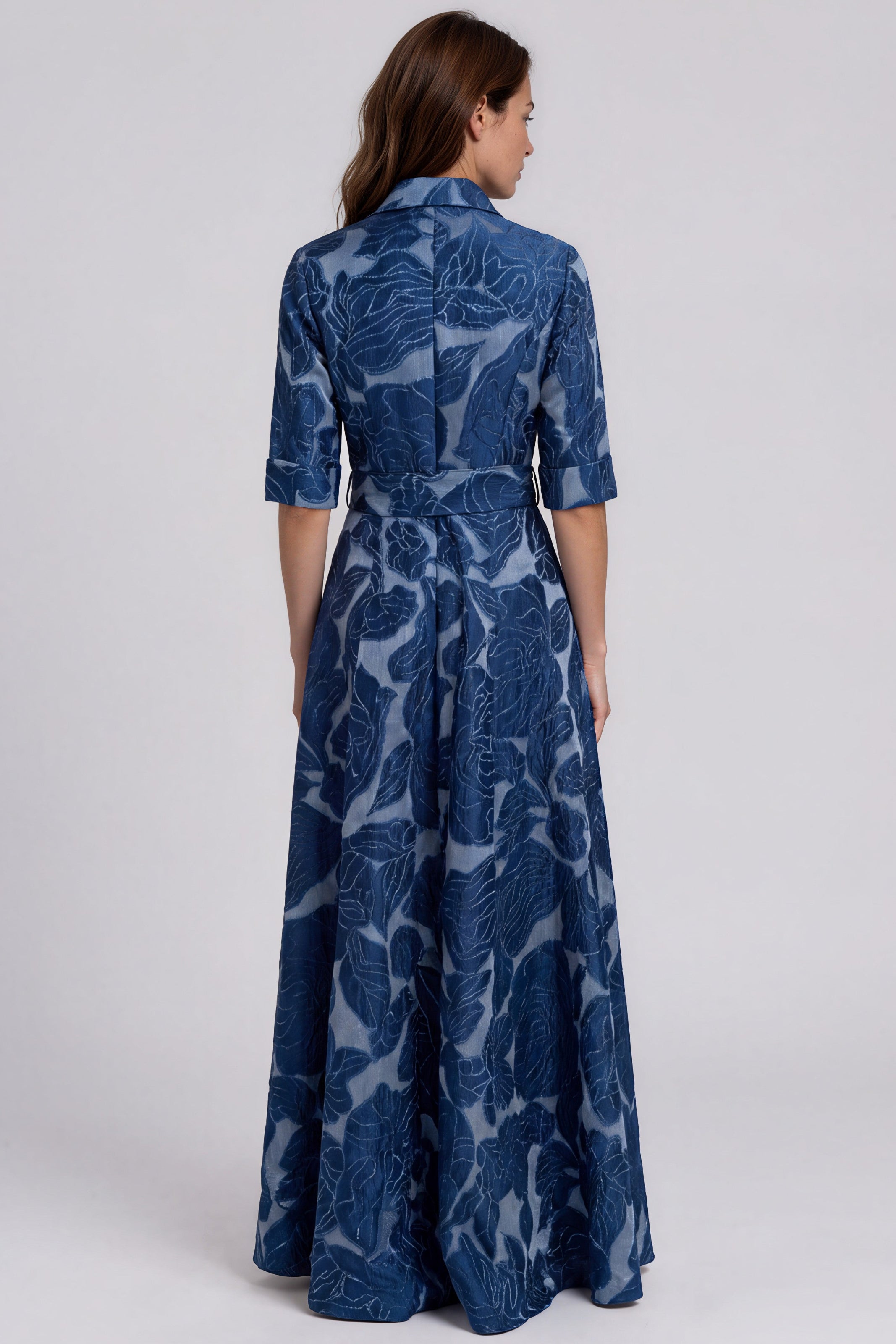 Floral Jacquard Collared A-Line Shirt Gown with Sash Belt Gown Rene Ruiz Collection