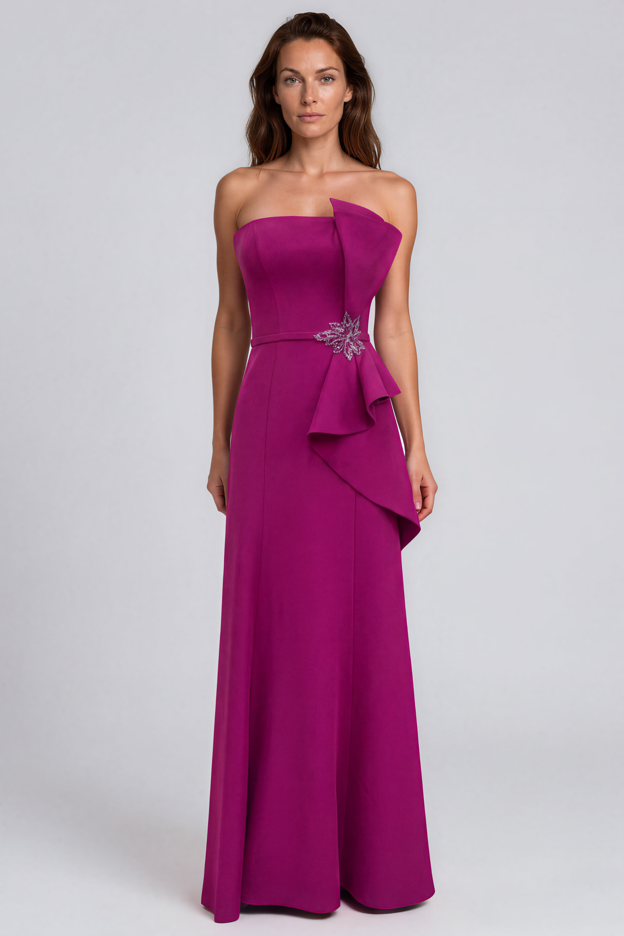 Strapless Ruffle Bow Column Crepe Gown