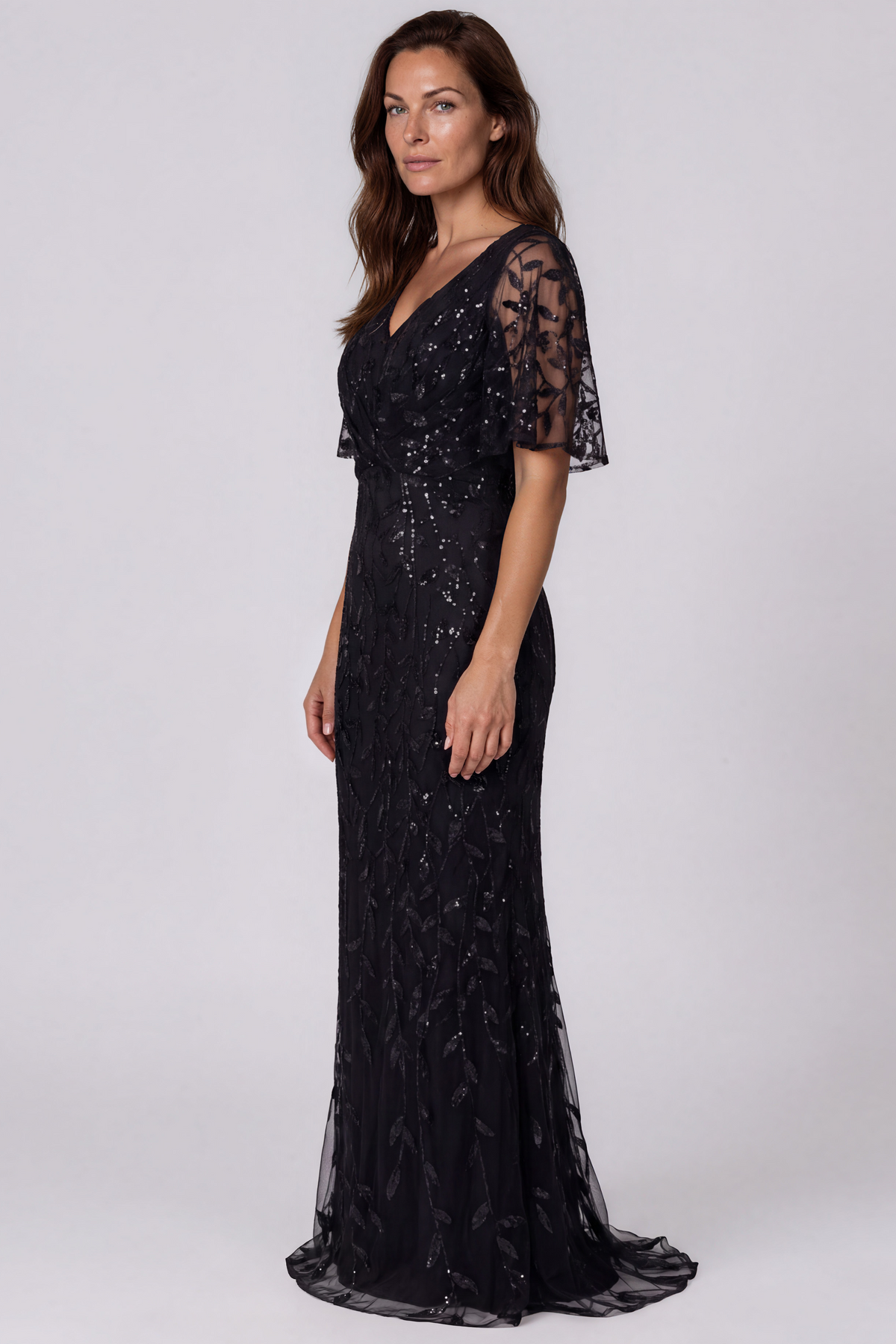 Embroidered V-Neck Fit and Flare Gown with Flutter Sleeves Gown Rene Ruiz Collection