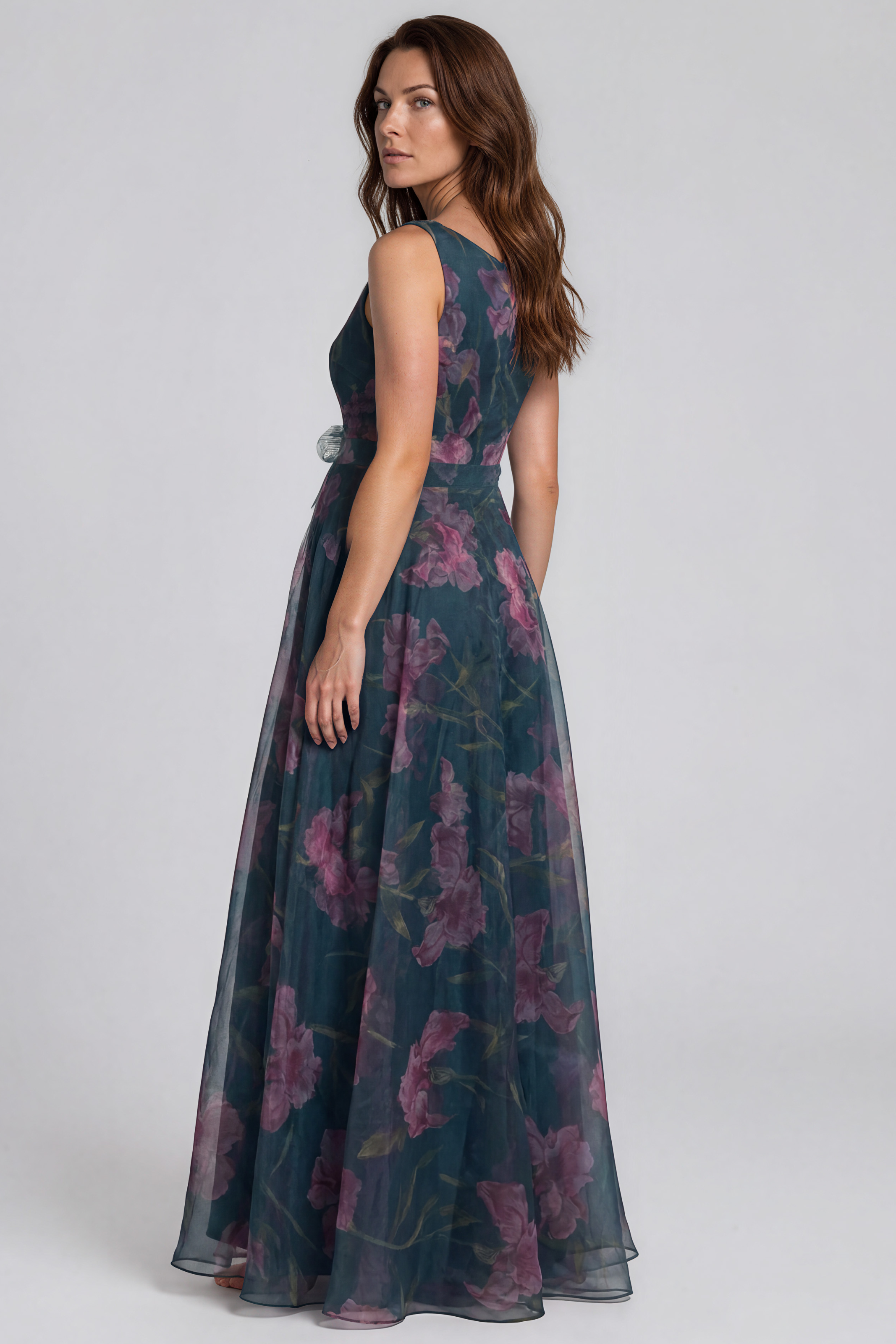 V-Neck Floral Printed Organza Waist Tie A-Line Gown Gown Rene Ruiz Collection