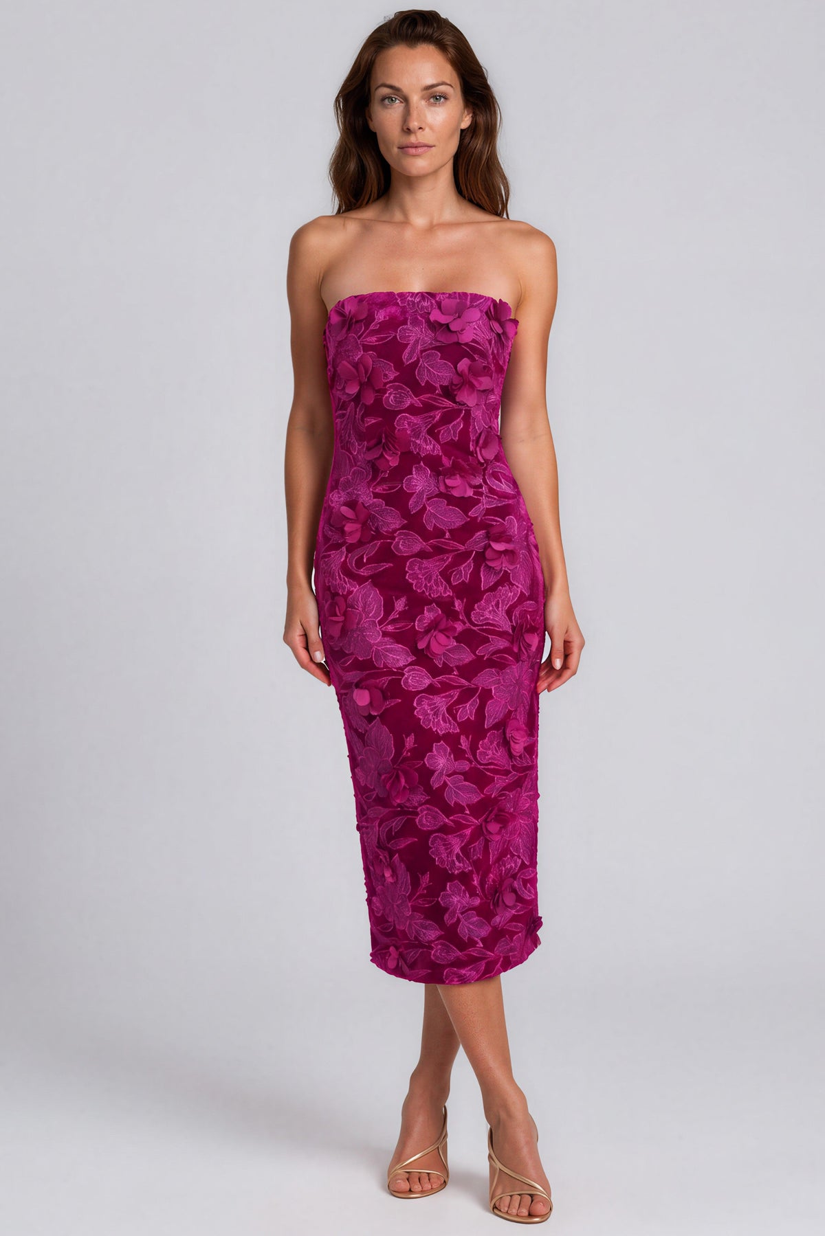 Strapless Velvet Fil Coupé Floral Column Midi Cocktail