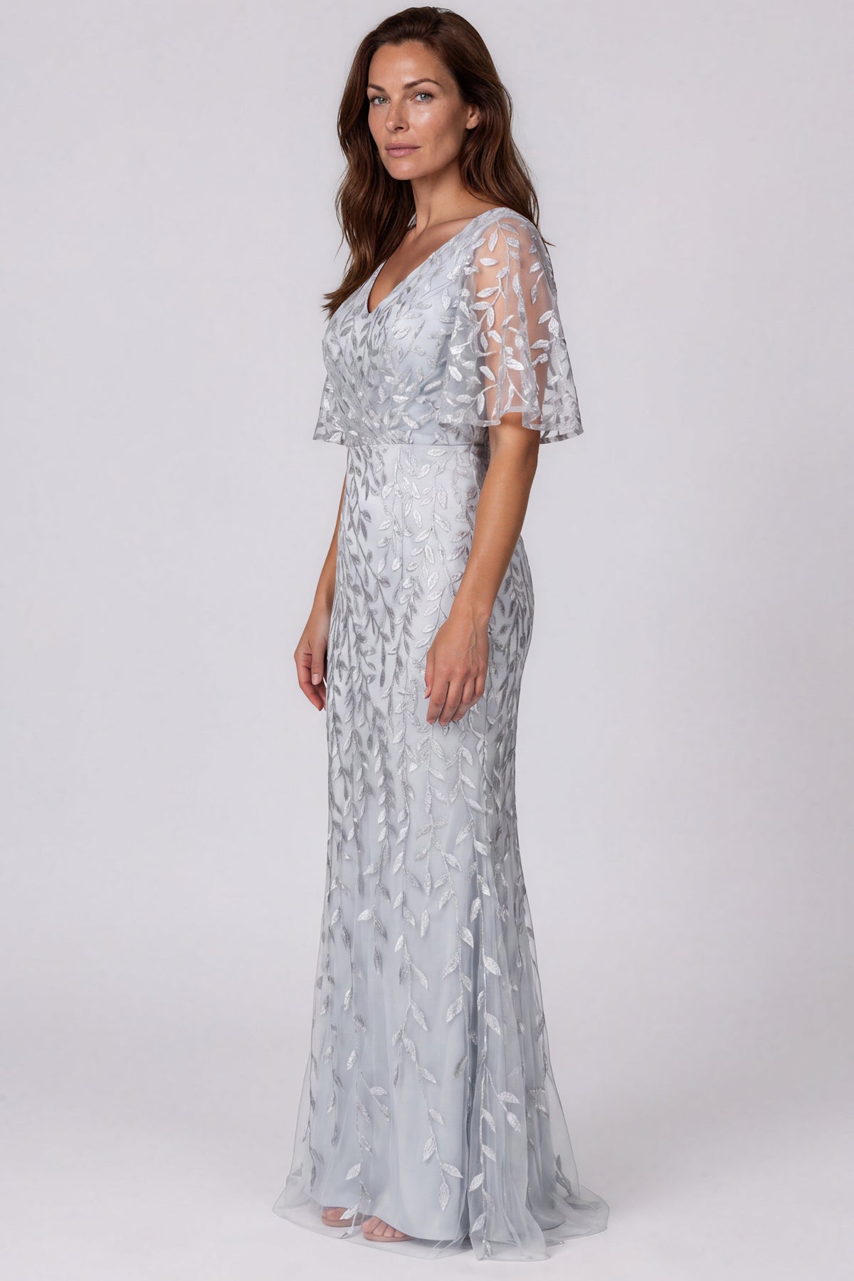 Embroidered V-Neck Fit and Flare Gown with Flutter Sleeves Gown Rene Ruiz Collection
