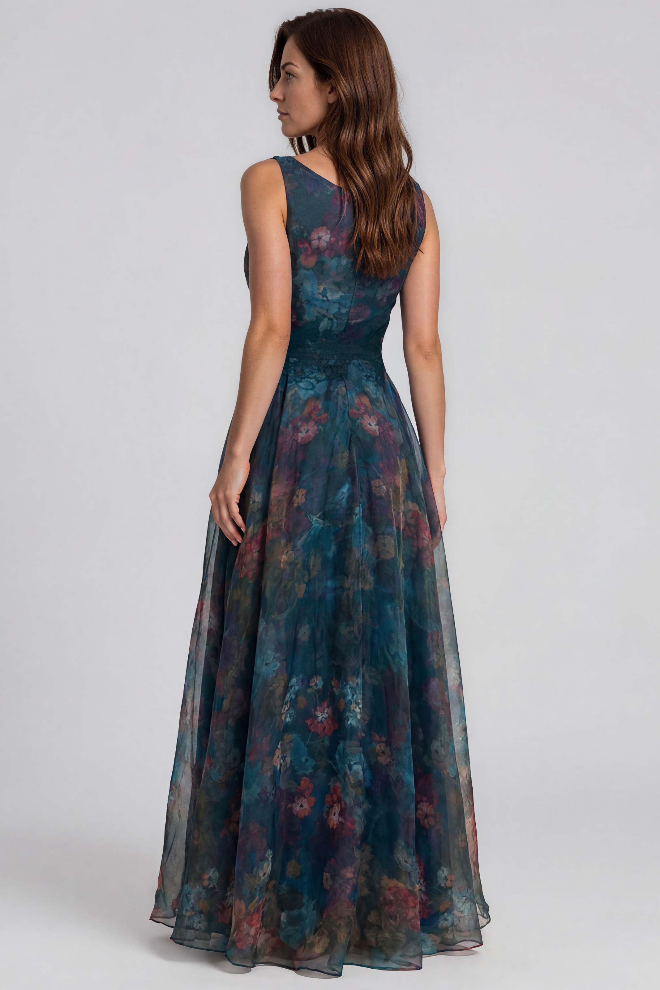 V-Neck Floral Printed Organza Waist Tie A-Line Gown Gown Rene Ruiz Collection