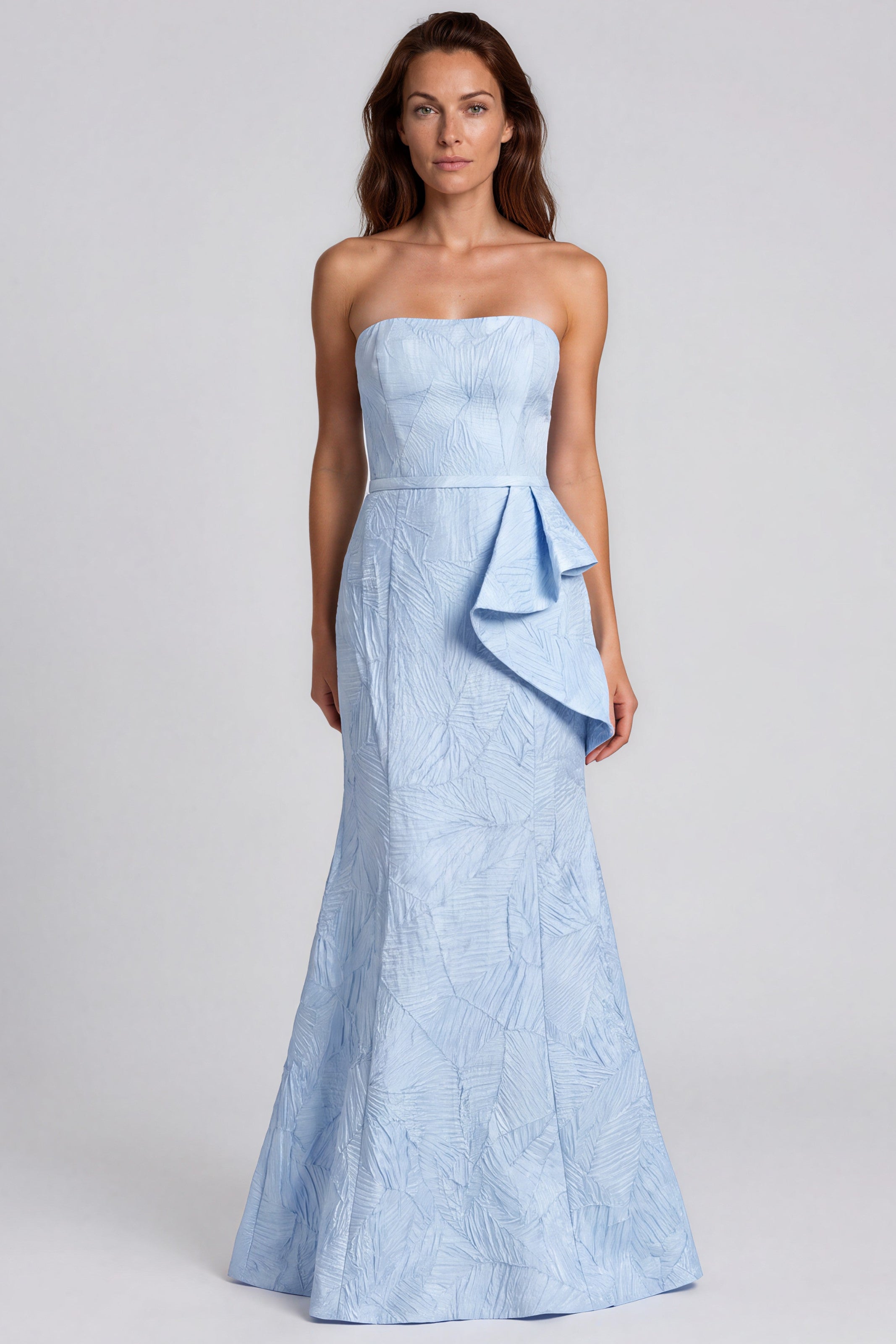 Strapless Jacquard Fit And Flare Gown with Side Ruffle Gown Rene Ruiz Collection