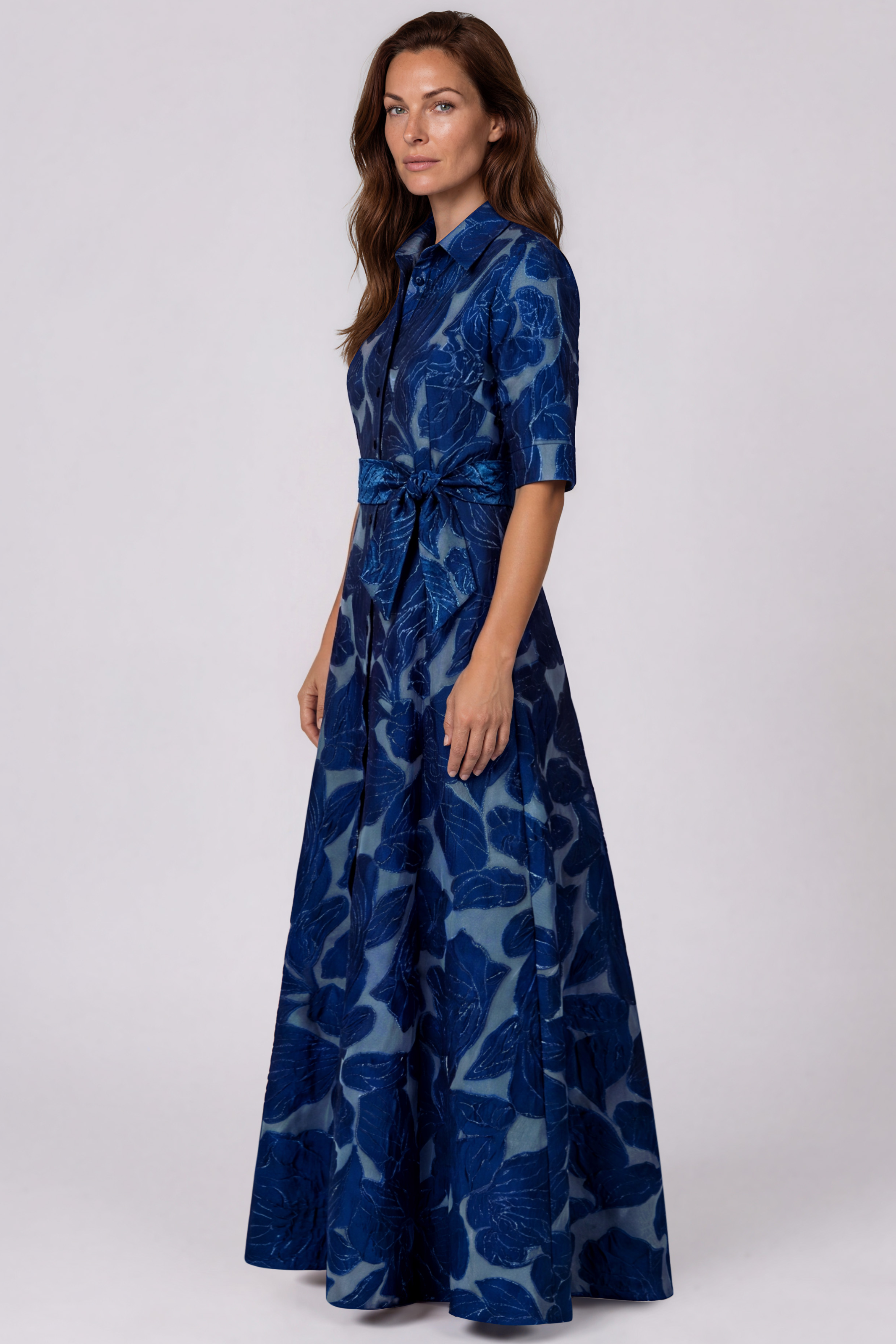 Floral Jacquard Collared A-Line Shirt Gown with Sash Belt Gown Rene Ruiz Collection