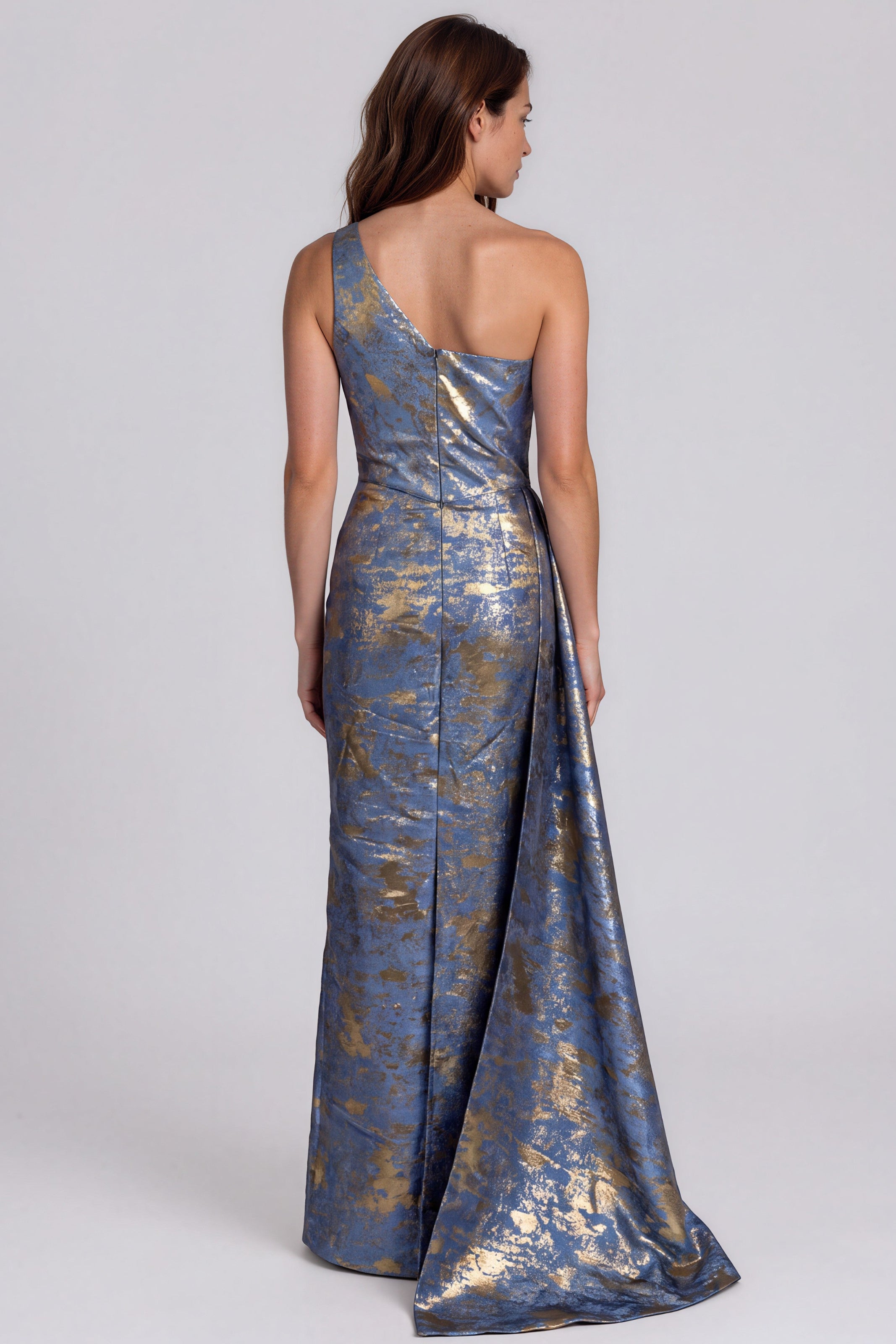 One Shoulder Jacquard Column Gown with Draped Bodice and Side Panel Gown Rene Ruiz Collection