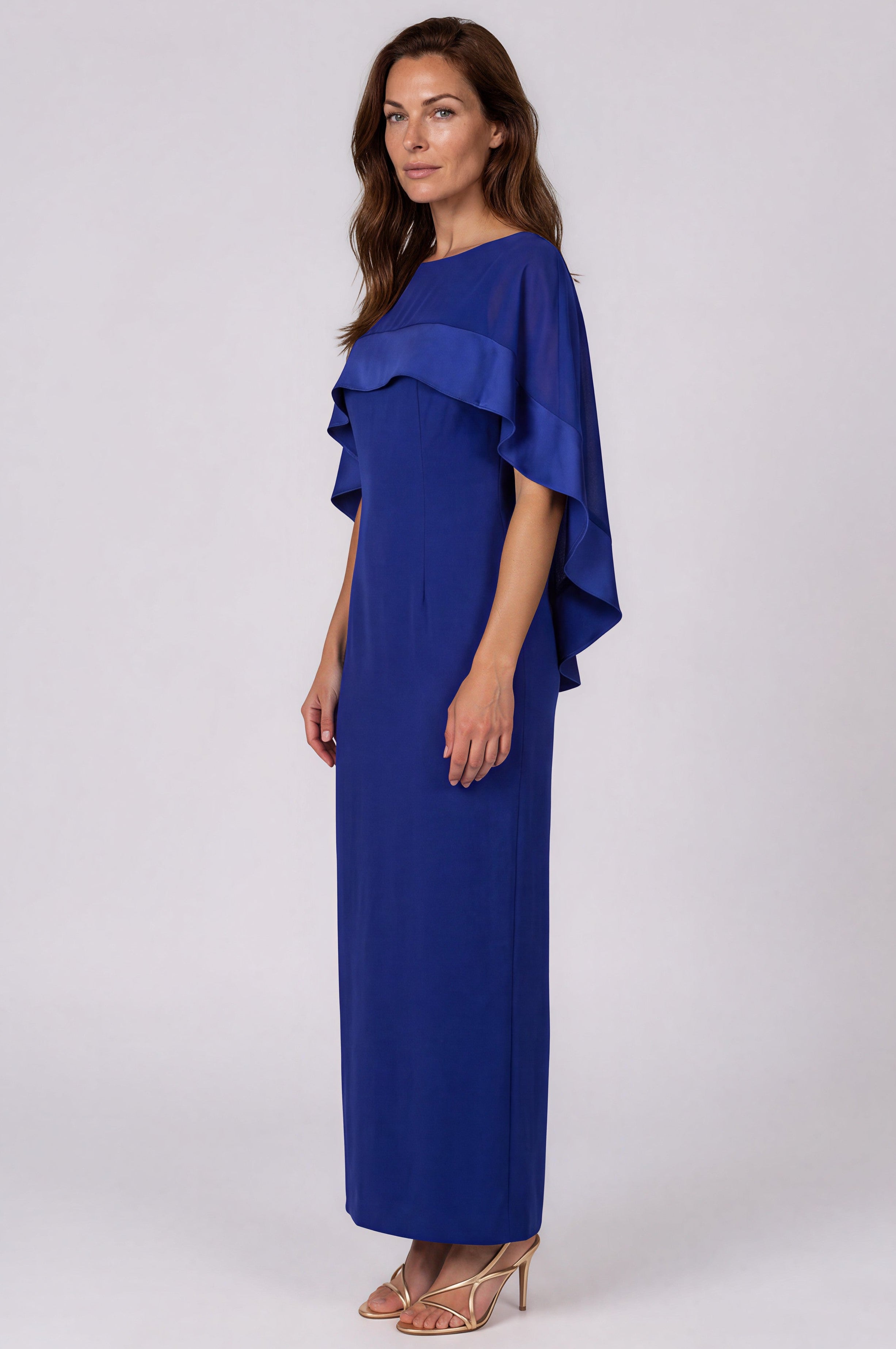 Bateau Neck Column Gown with Chiffon Cape Overlay Gown Rene Ruiz Collection