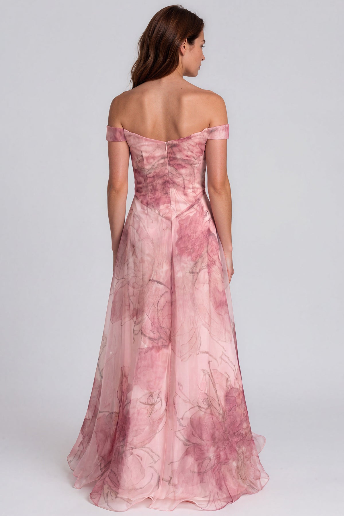 Off The Shoulder Printed Organza A-Line Gown Gown Rene Ruiz Collection