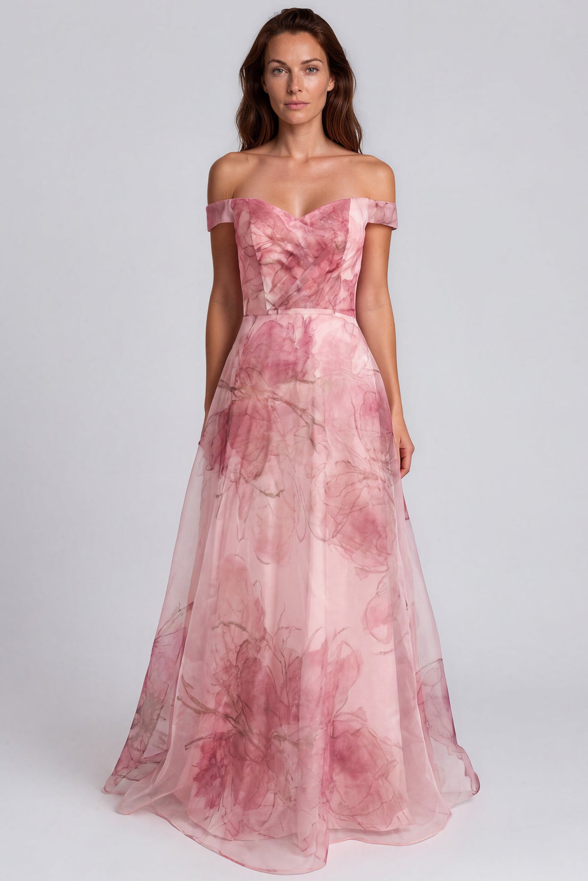 Off The Shoulder Printed Organza A-Line Gown Gown Rene Ruiz Collection