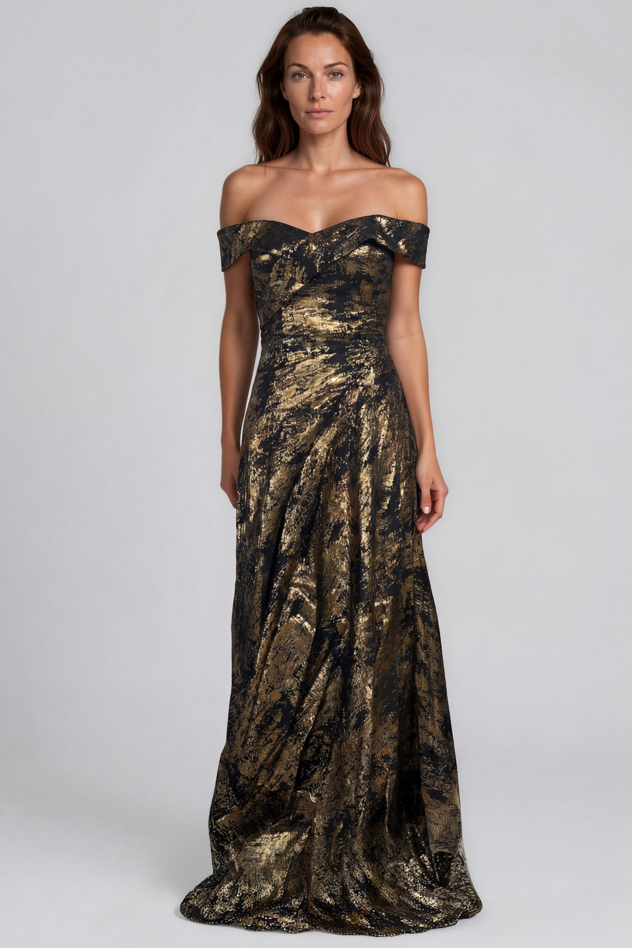 Off The Shoulder Metallic Jacquard Draped Column Gown Gown Rene Ruiz Collection