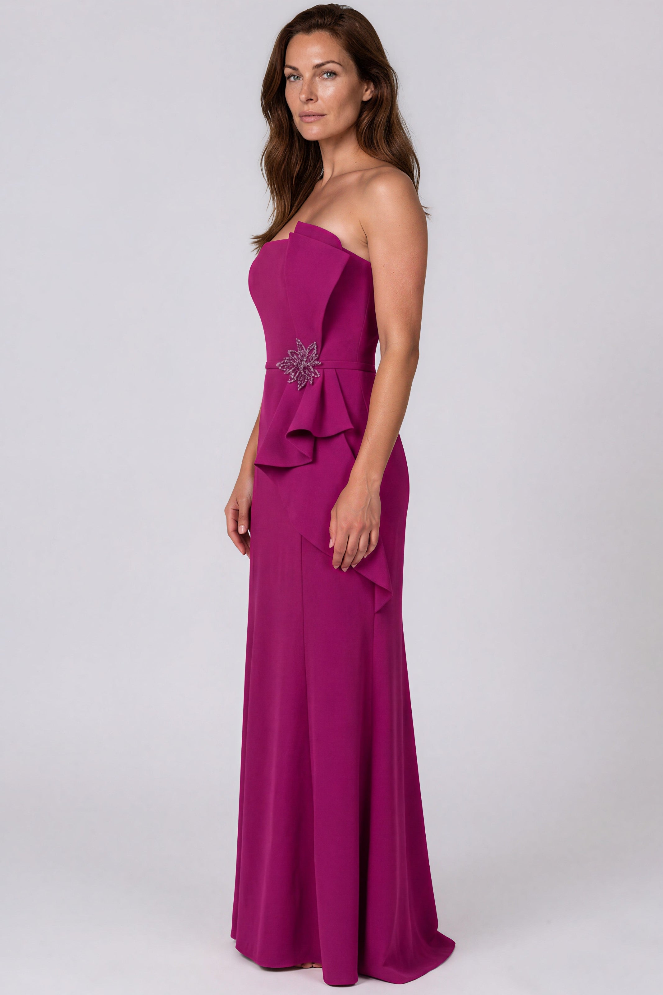 Strapless Ruffle Bow Column Crepe Gown