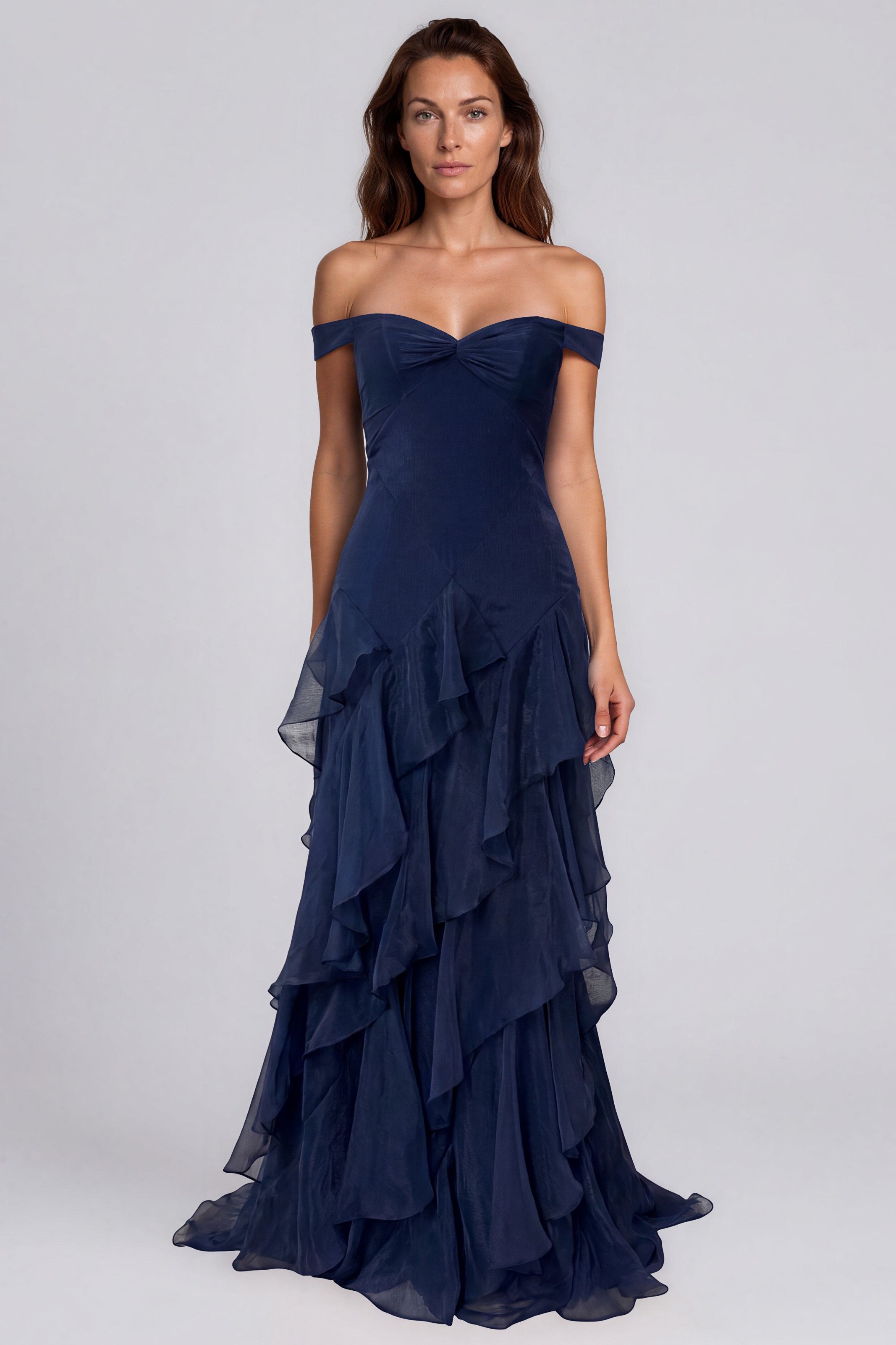 Off The Shoulder Tiered Ruffle Skirt Fit And Flare Chiffon Gown Gown Rene Ruiz Collection