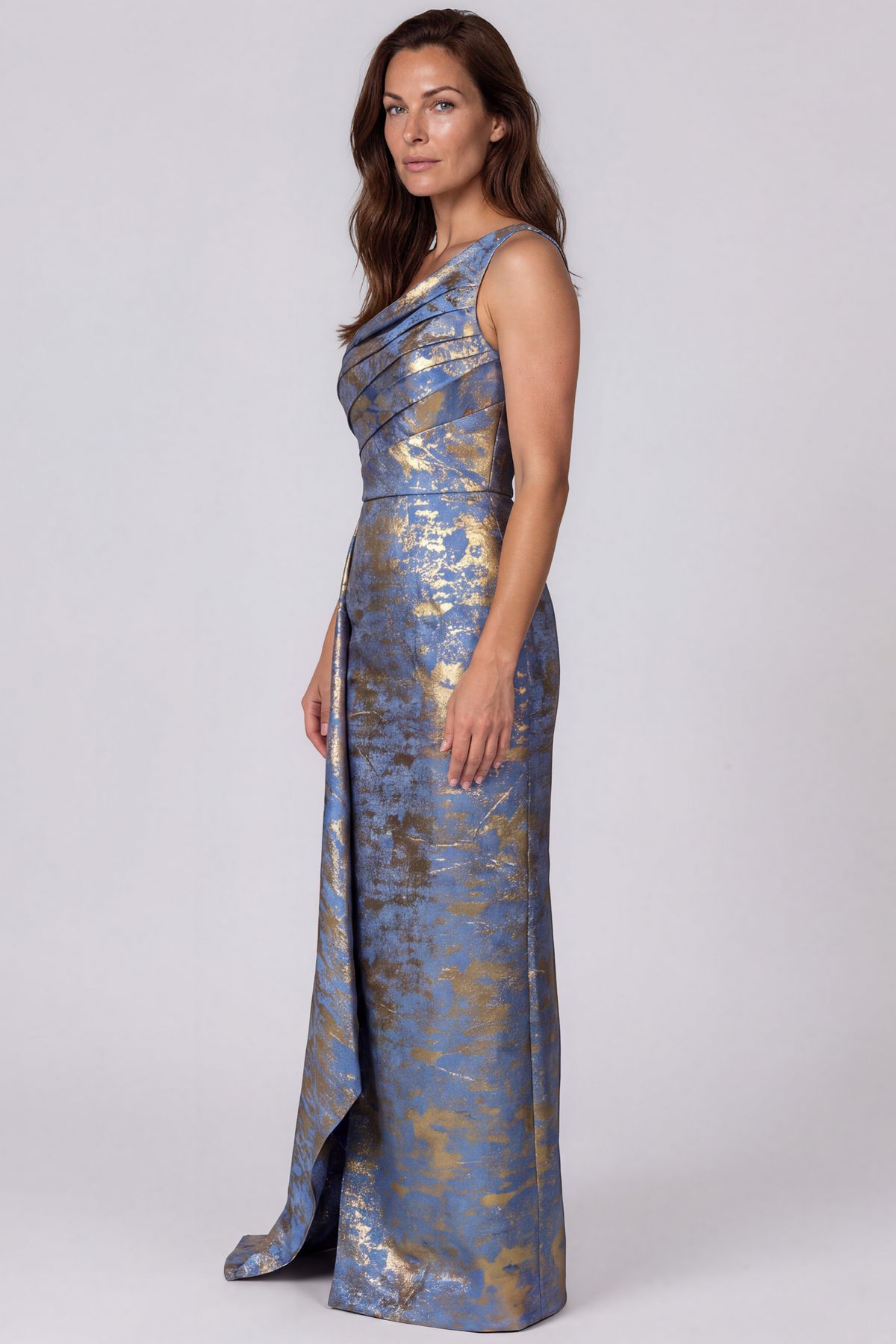 One Shoulder Jacquard Column Gown with Draped Bodice and Side Panel Gown Rene Ruiz Collection