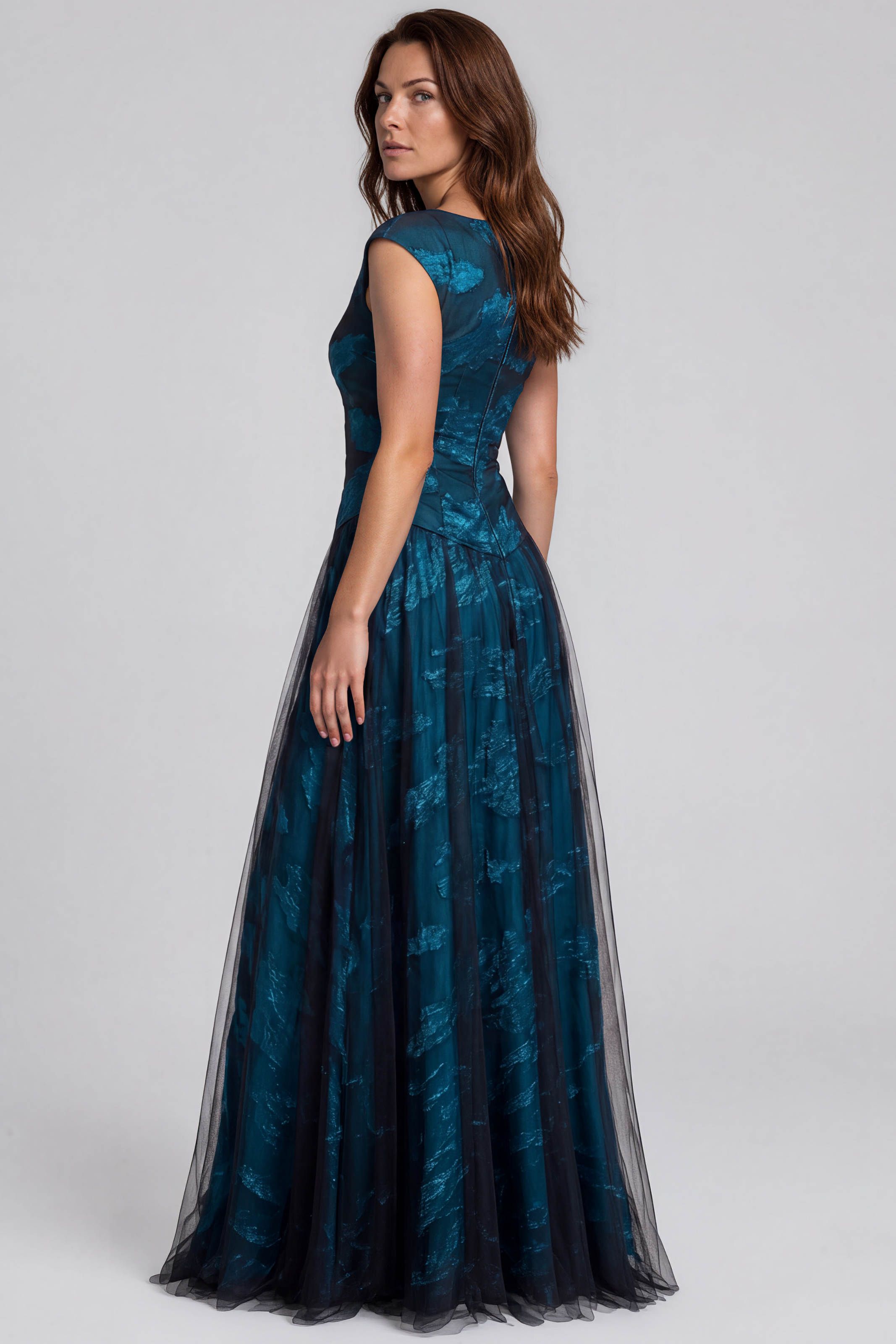 Cap Sleeve Printed Organza A-Line Gown with Draped Waist and Tulle Overlay Gown Rene Ruiz Collection
