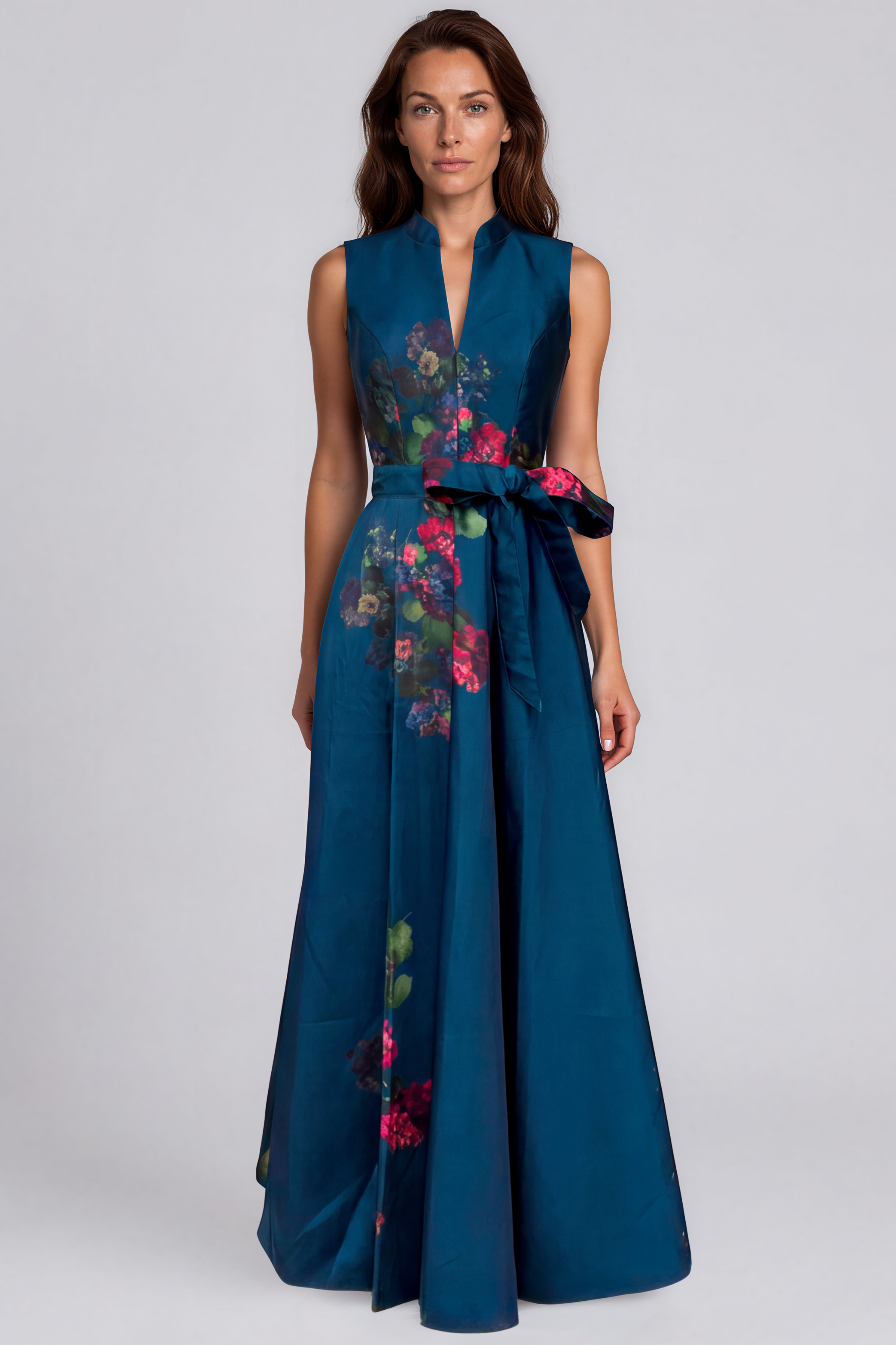 Sleeveless Printed Mikado A-Line Gown with Sash Waist