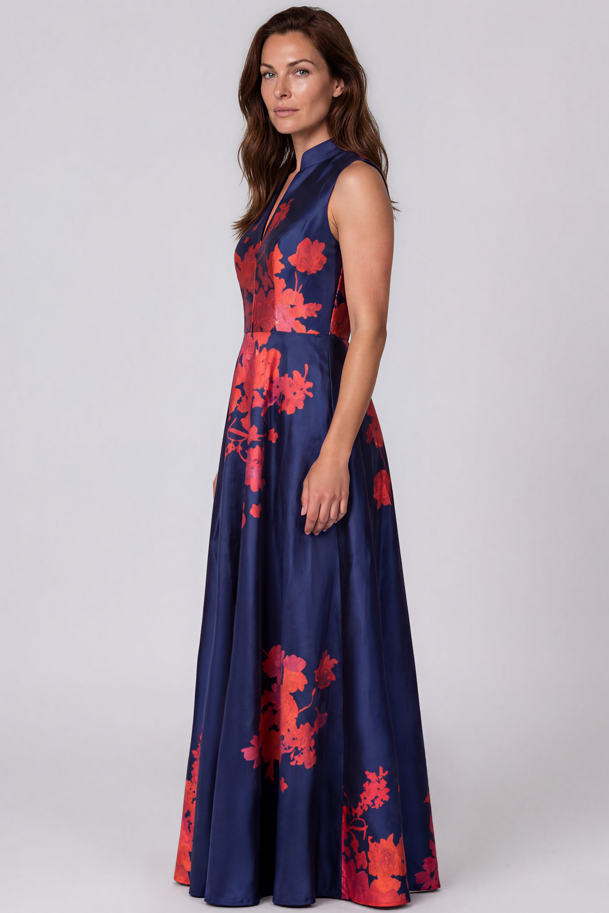 Sleeveless Printed Mikado A-Line Gown with Sash Waist