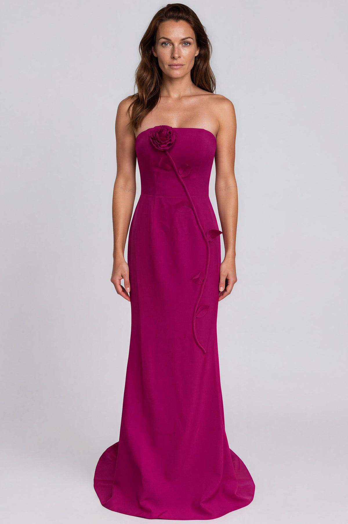 Strapless 3D Rose Appliqué Crepe Fit And Flare Gown Gown Rene Ruiz Collection