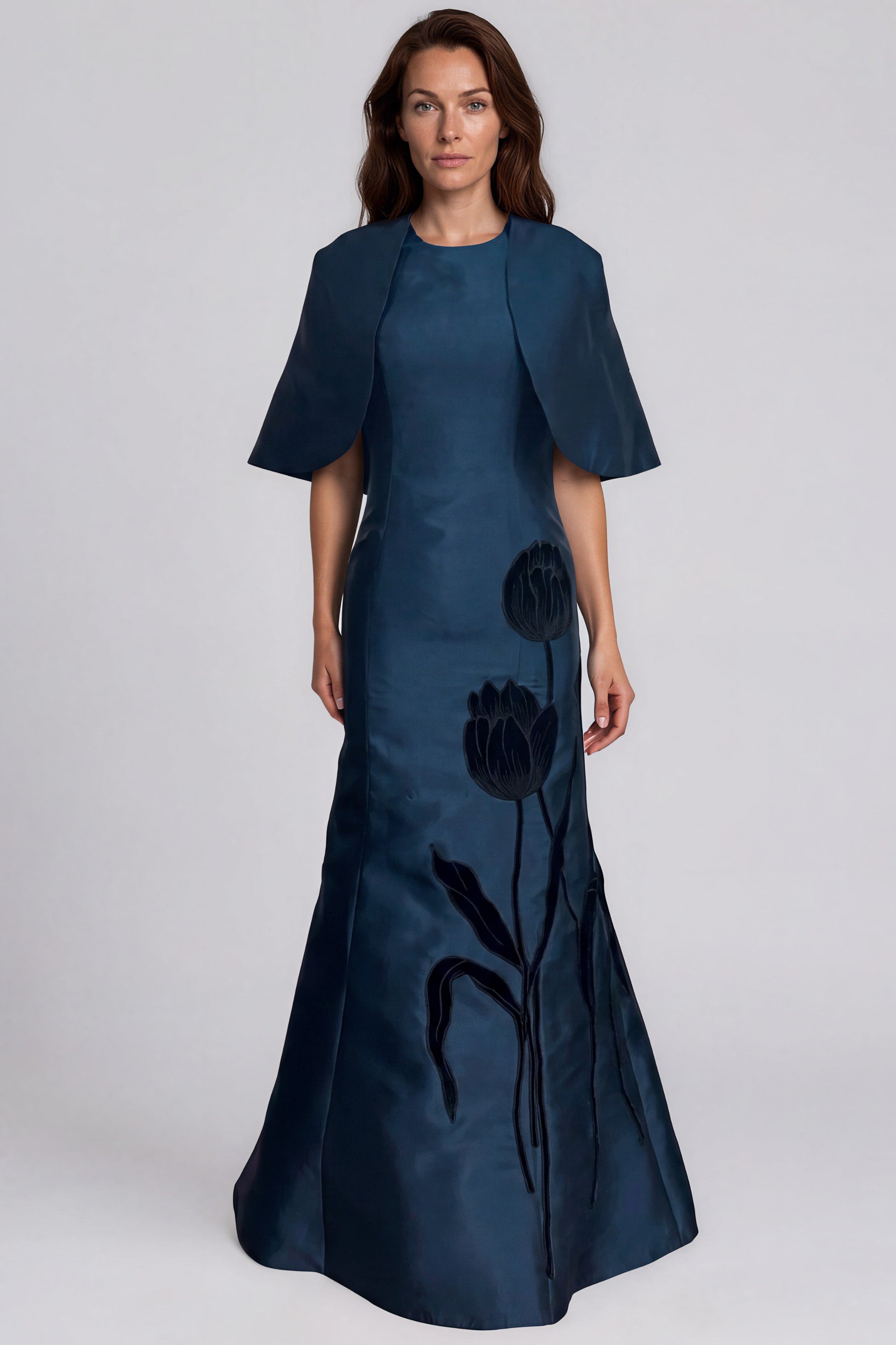 Mikado Mermaid Cape Gown With Floral Appliqué Gown Rene Ruiz Collection