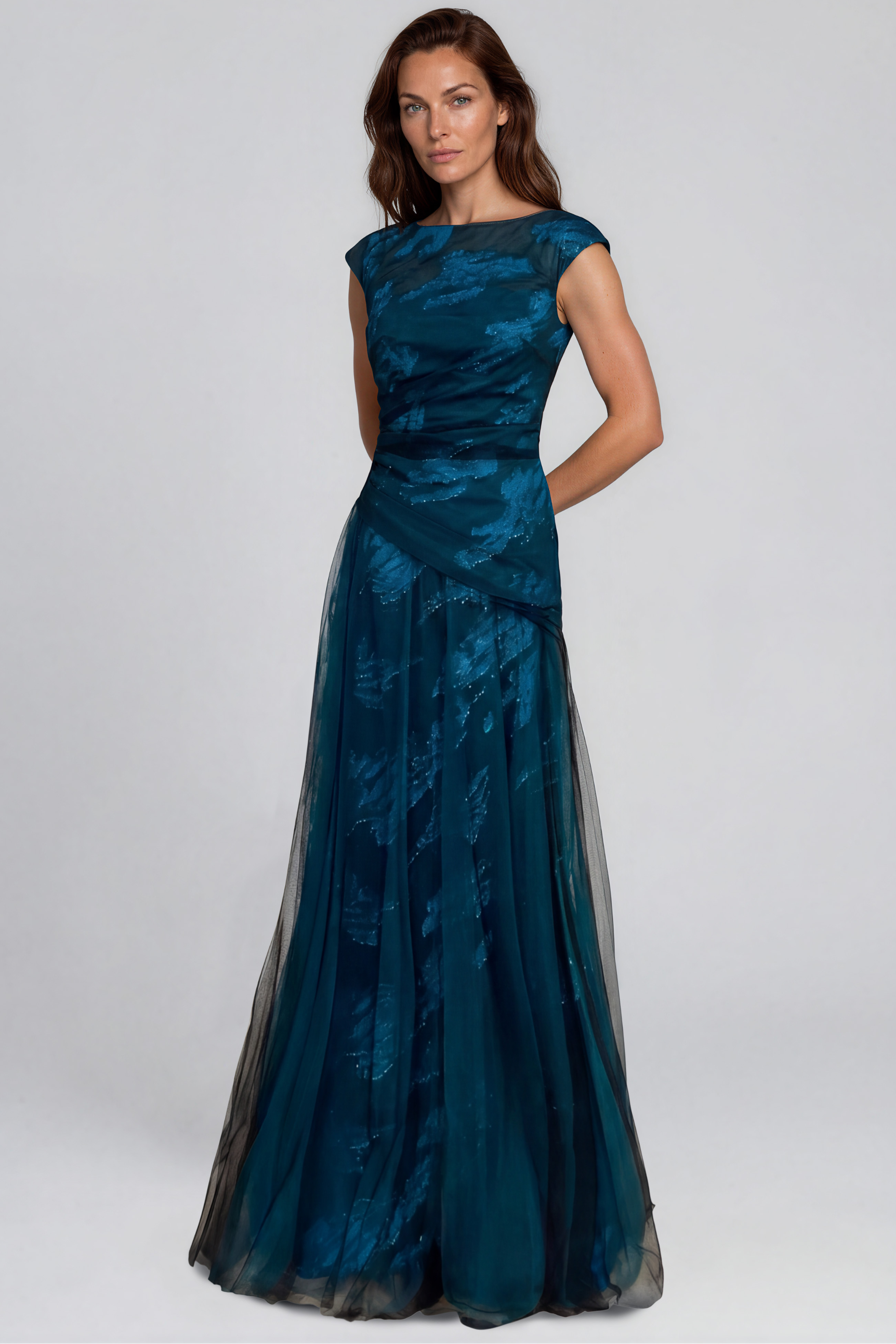 Cap Sleeve Printed Organza A-Line Gown with Draped Waist and Tulle Overlay Gown Rene Ruiz Collection