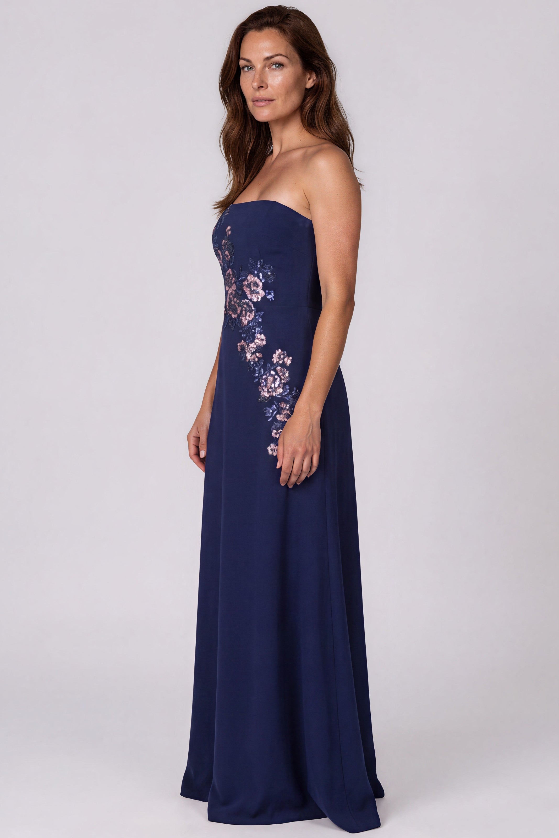 Strapless Sequin Floral Crepe A-Line Gown (boca) Gown Rene Ruiz Collection