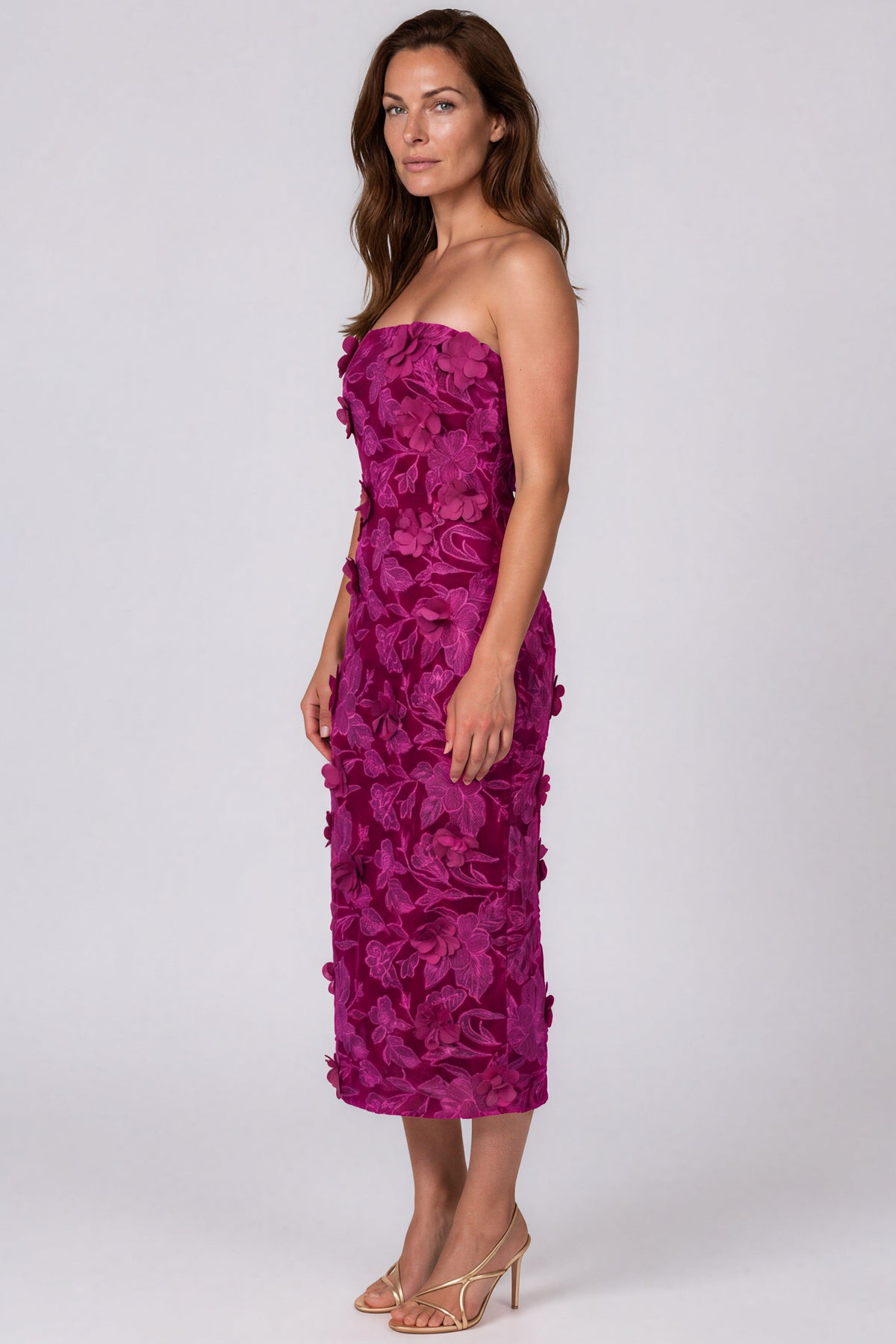 Strapless Velvet Fil Coupé Floral Column Midi Cocktail
