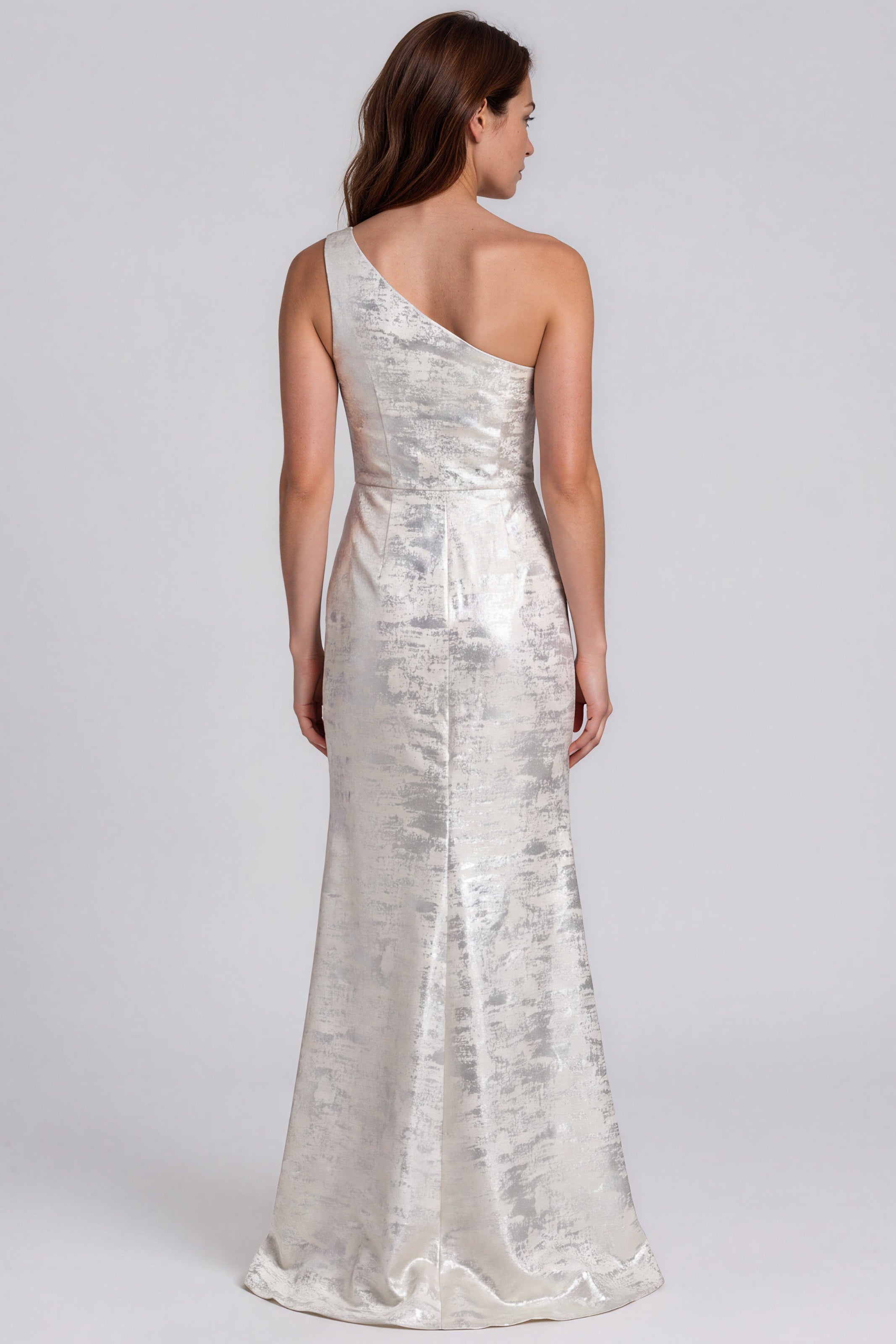 One Shoulder Jacquard Fit and Flare Gown with Bow Waist Detail Gown Rene Ruiz Collection