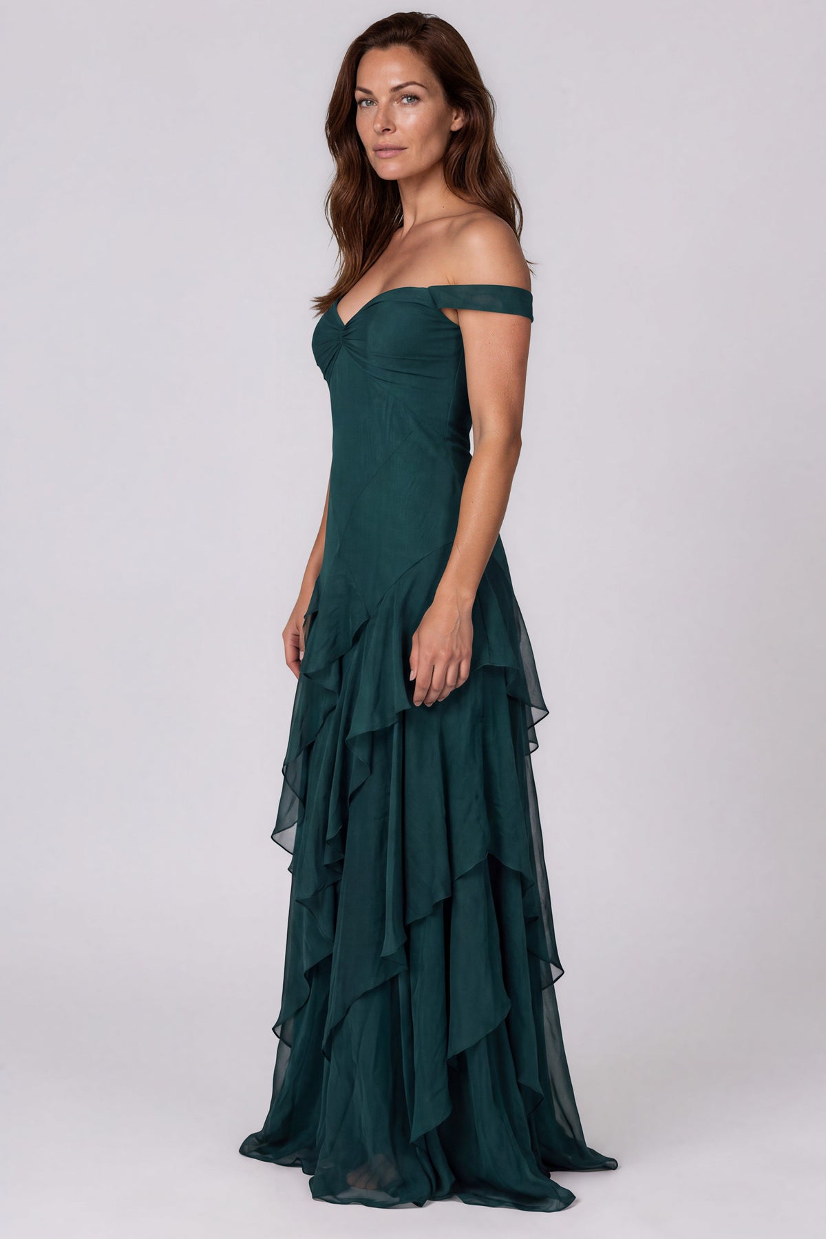 Off The Shoulder Tiered Ruffle Skirt Fit And Flare Chiffon Gown Gown Rene Ruiz Collection