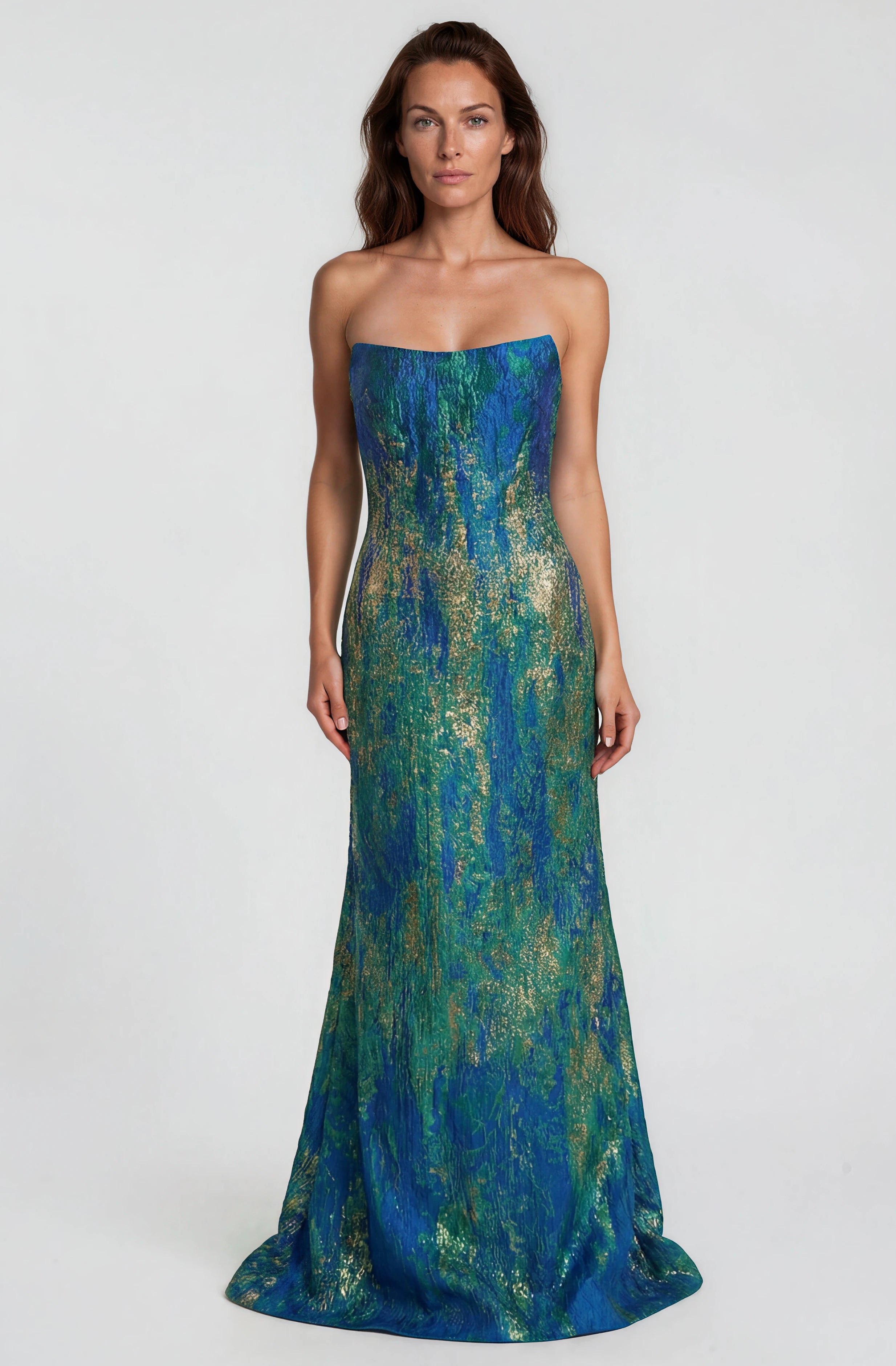 Swoop Neck Brocade Strapless A-Line Gown Gown Rene Ruiz Collection