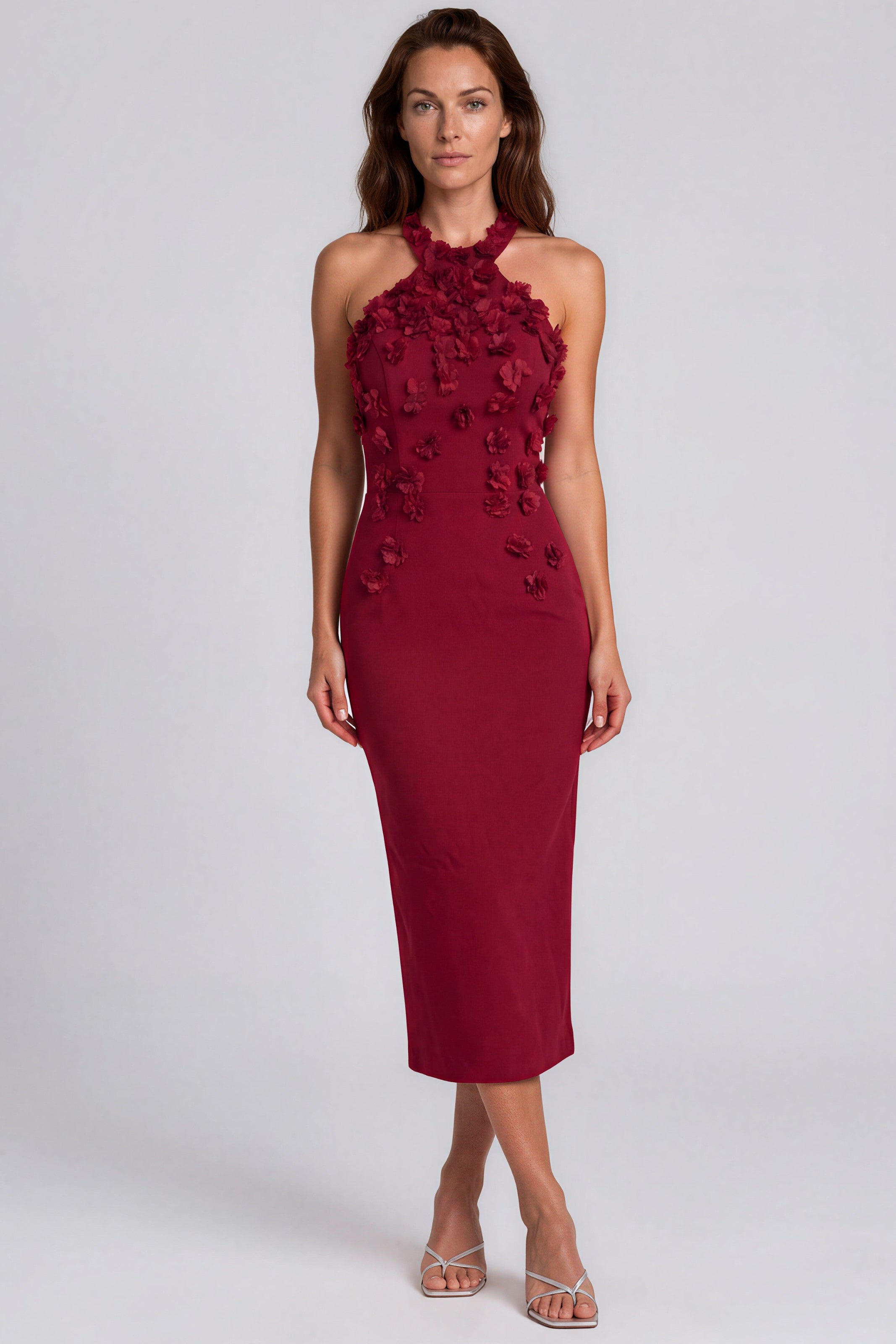 Floral Appliqué Halter Neck Crepe Sheath Cocktail Dress Cocktail Rene Ruiz Collection 2 Red