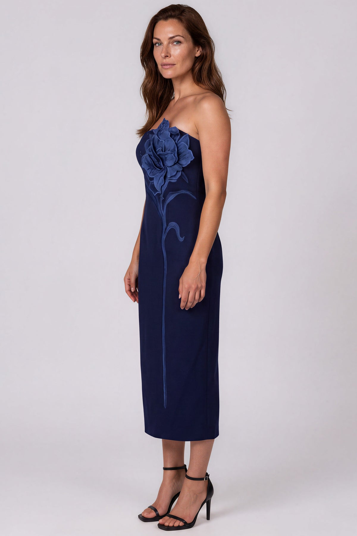 Strapless Crepe 3D Floral Appliqué Column Midi Cocktail