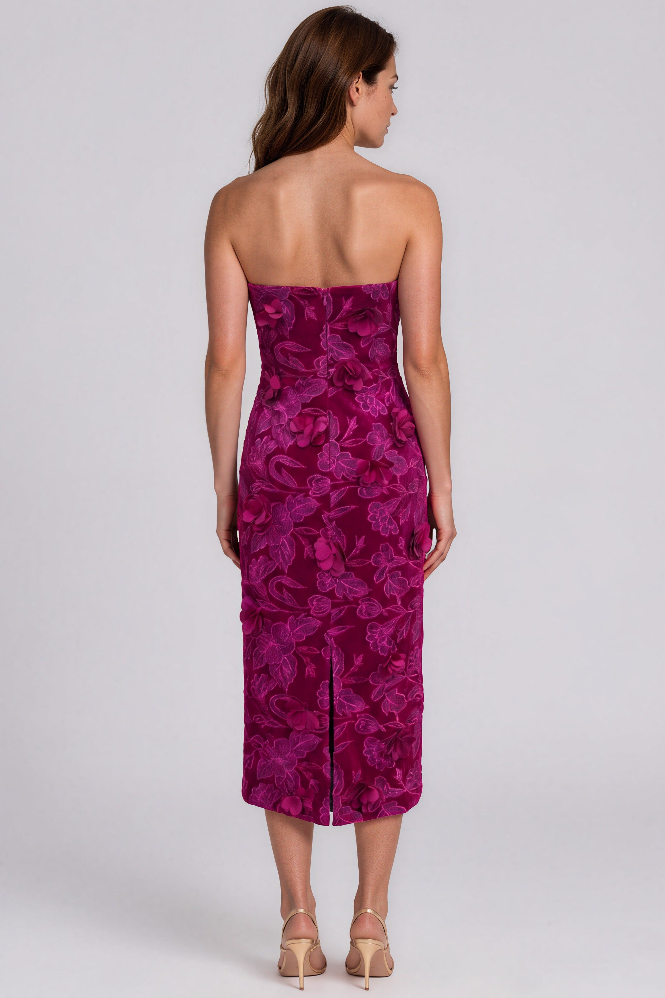 Strapless Velvet Fil Coupé Floral Column Midi Cocktail
