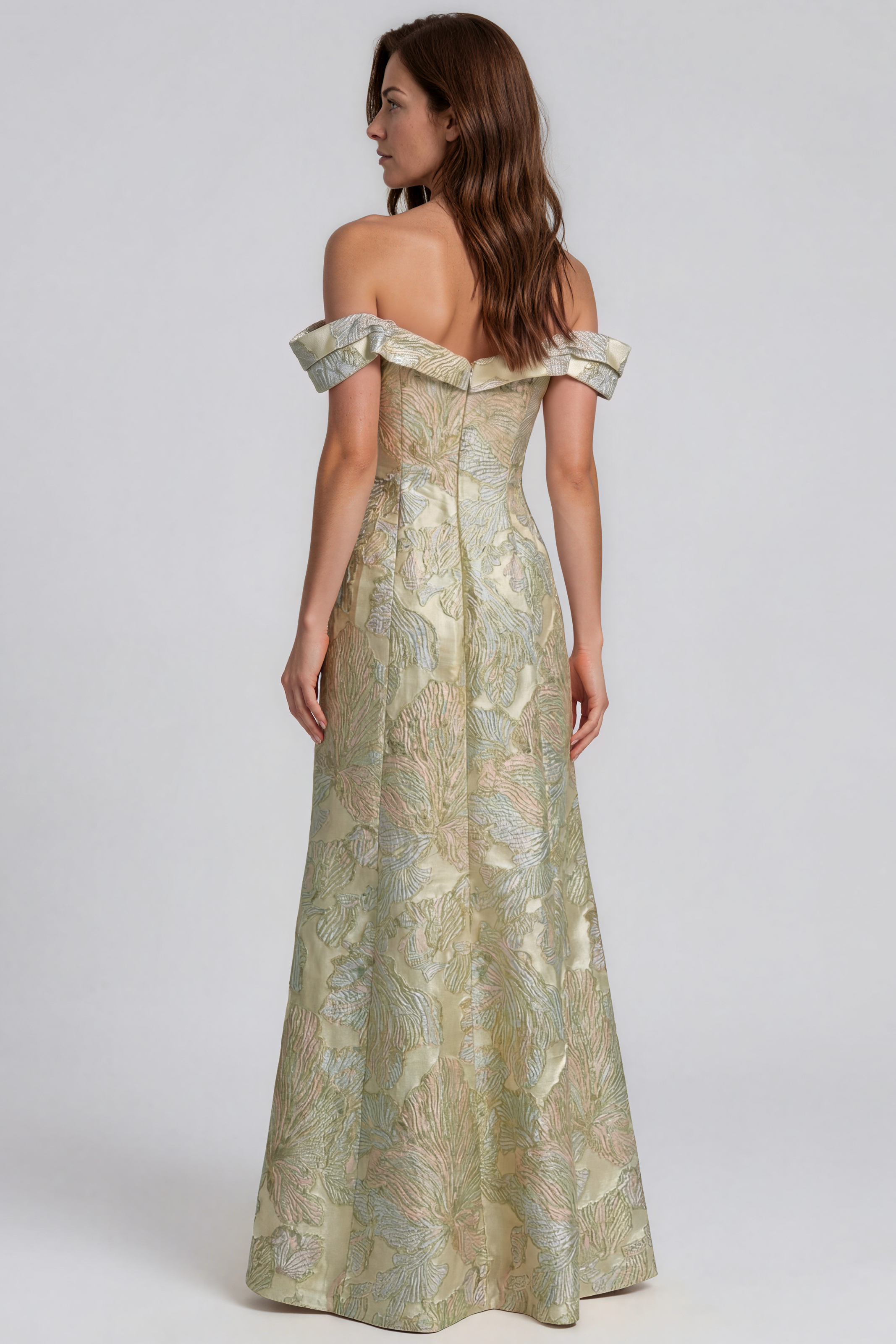 Off The Shoulder Floral Jacquard Gown Gown Rene Ruiz Collection
