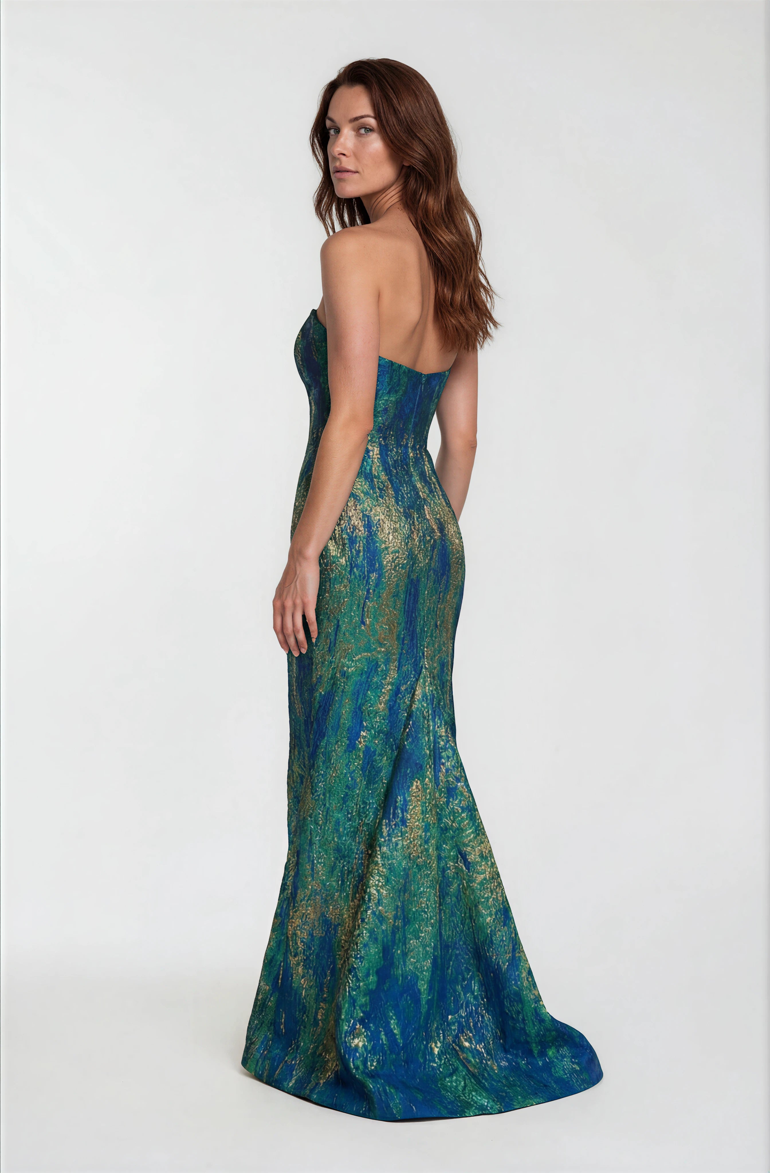 Swoop Neck Brocade Strapless A-Line Gown Gown Rene Ruiz Collection