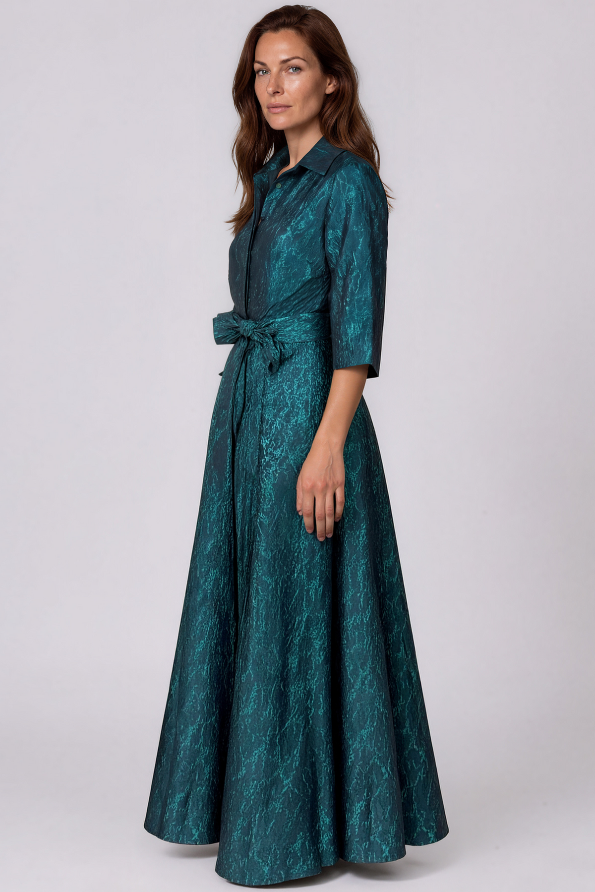 3/4 Sleeve Jacquard A-Line Shirt Gown with Sash Waist Gown Rene Ruiz Collection