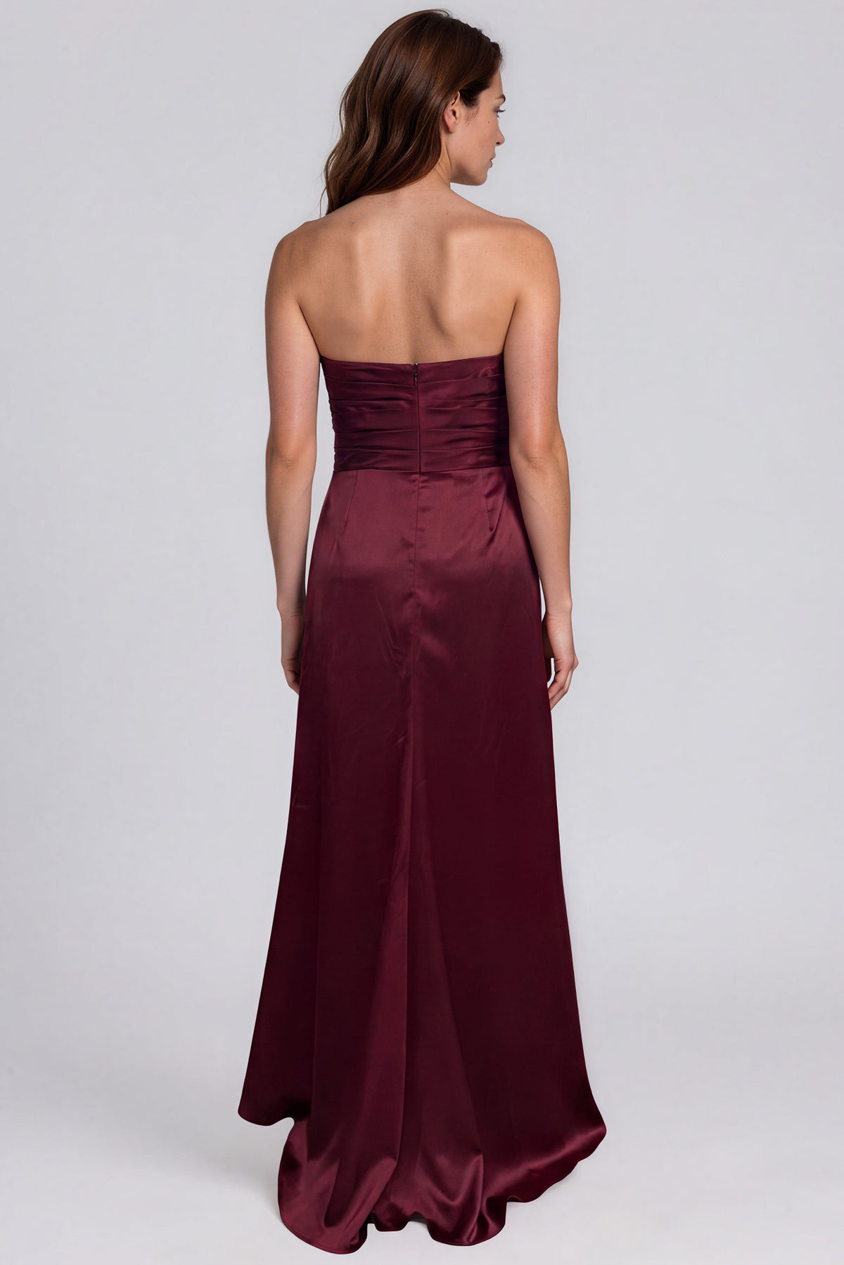 Strapless Draped Waist Floral Detail Satin-Back Crepe A-Line Gown