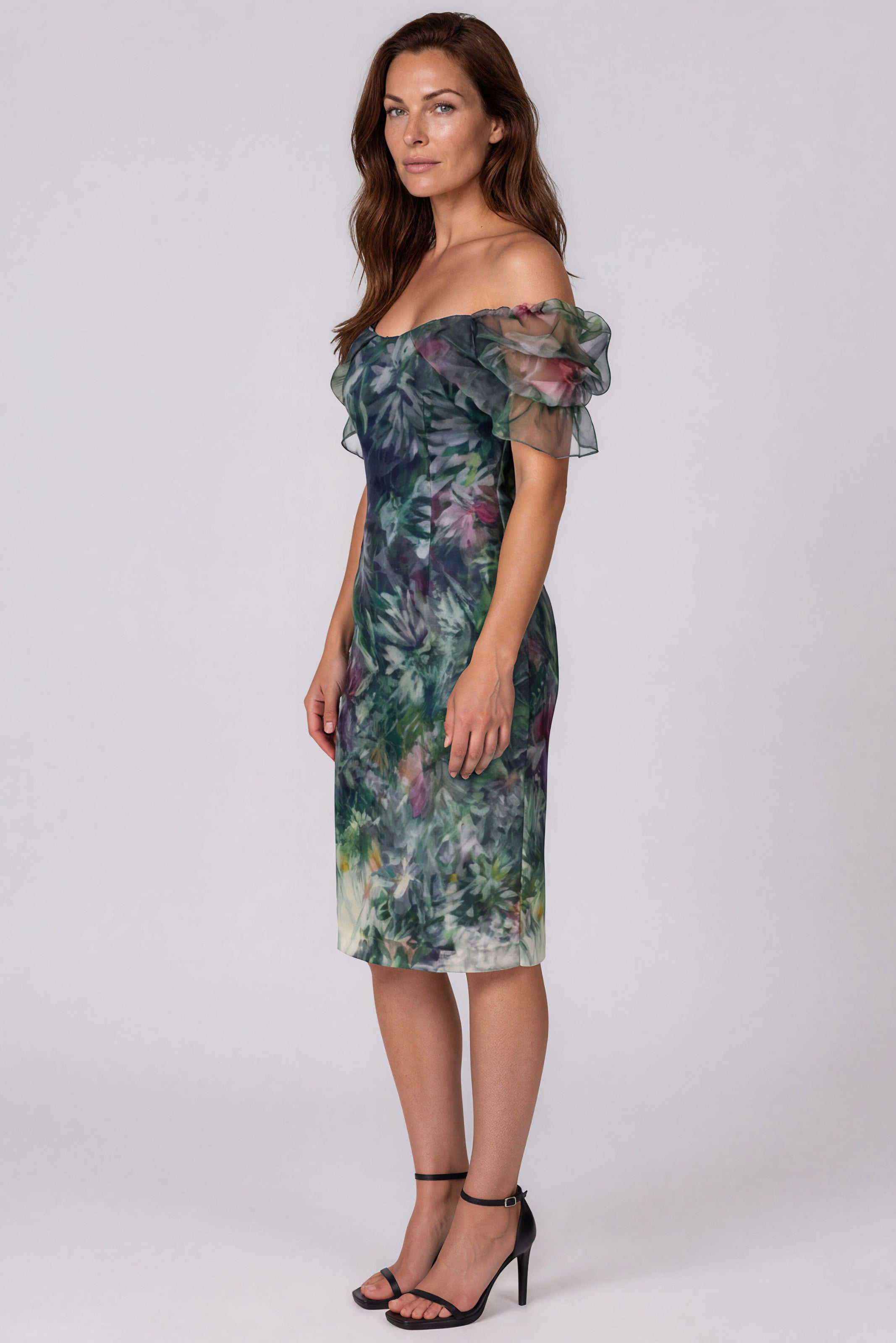 Off The Shoulder Flutter Sleeves Printed Organza Sheath Cocktail Dress Cocktail Rene Ruiz Collection