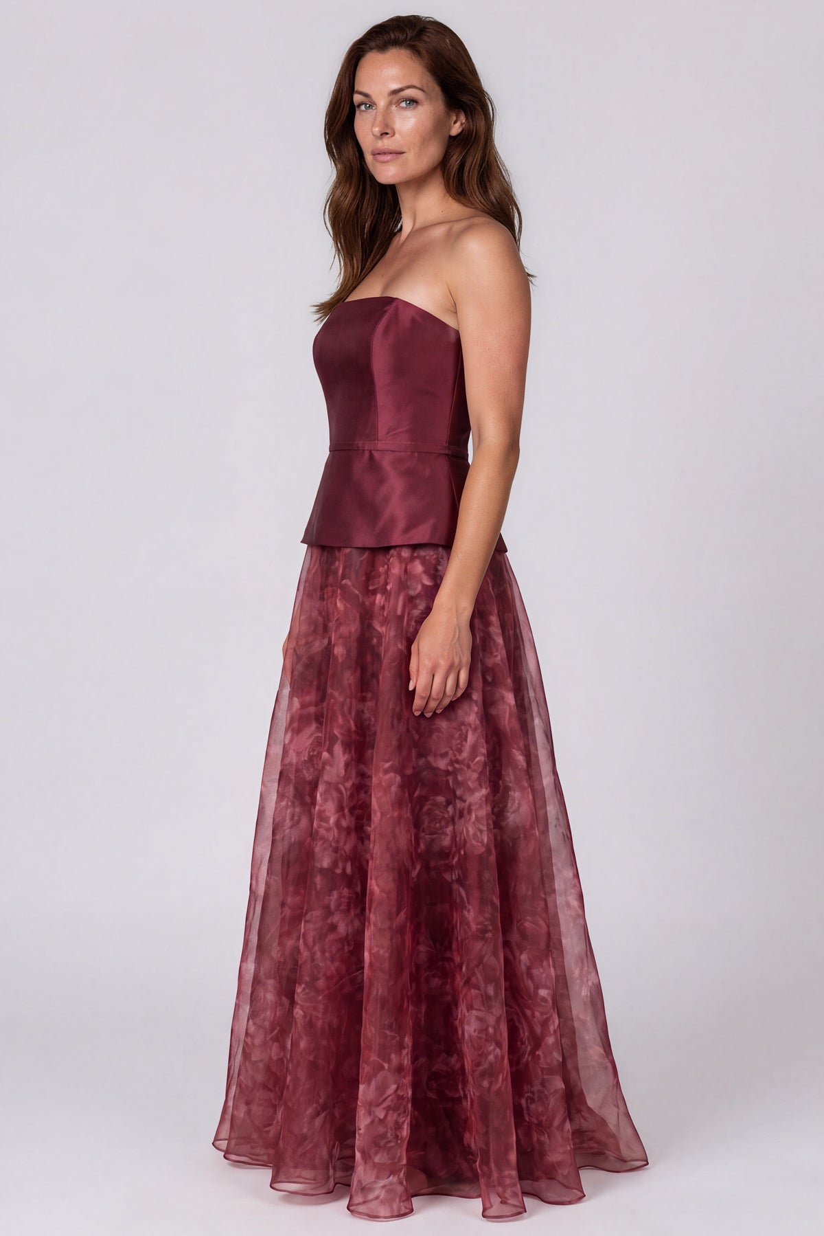 Strapless Mikado Bodice Printed Organza A-Line Gown with Peplum Waist Gown Rene Ruiz Collection
