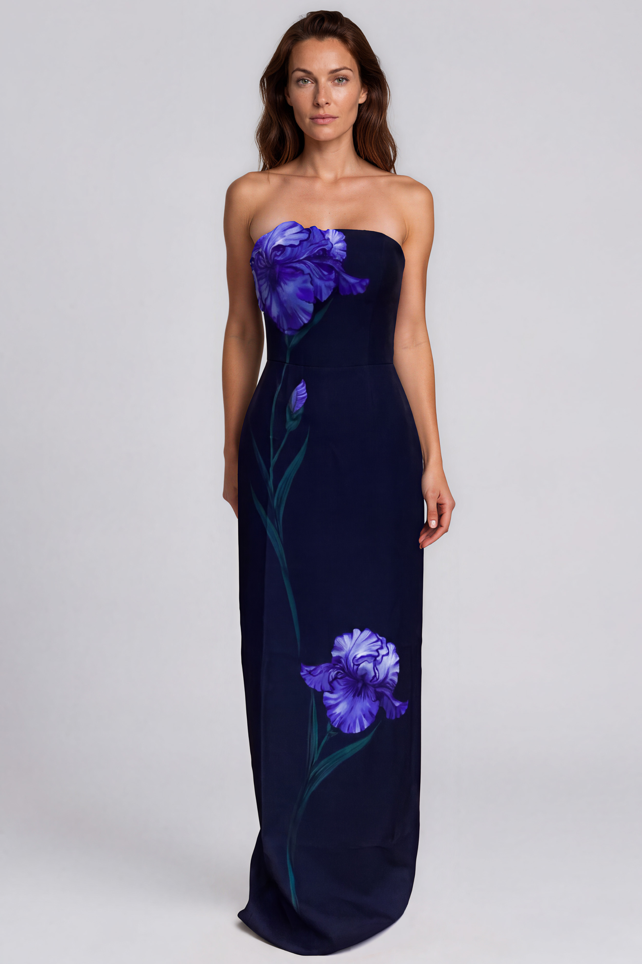 Strapless Floral Appliqué Printed Crepe Column Gown Gown Rene Ruiz Collection