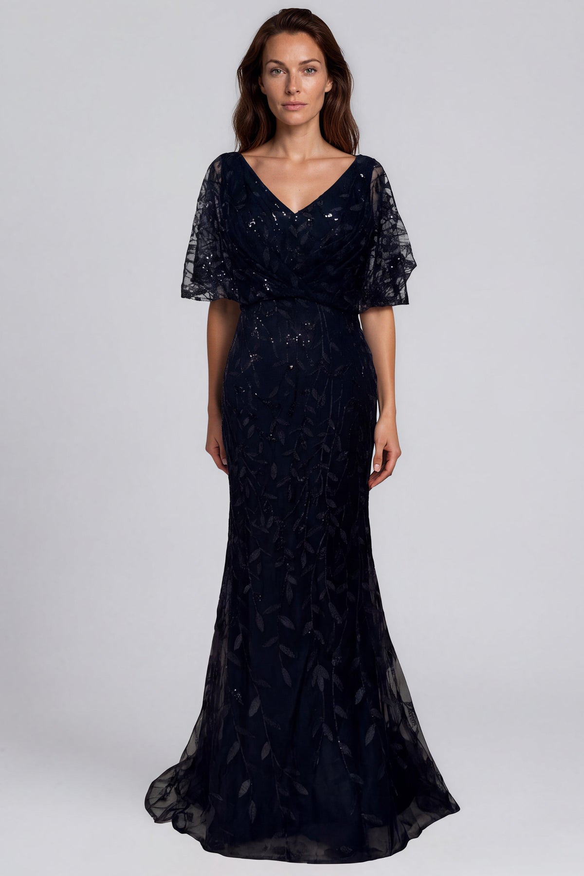 Embroidered V-Neck Fit and Flare Gown with Flutter Sleeves Gown Rene Ruiz Collection