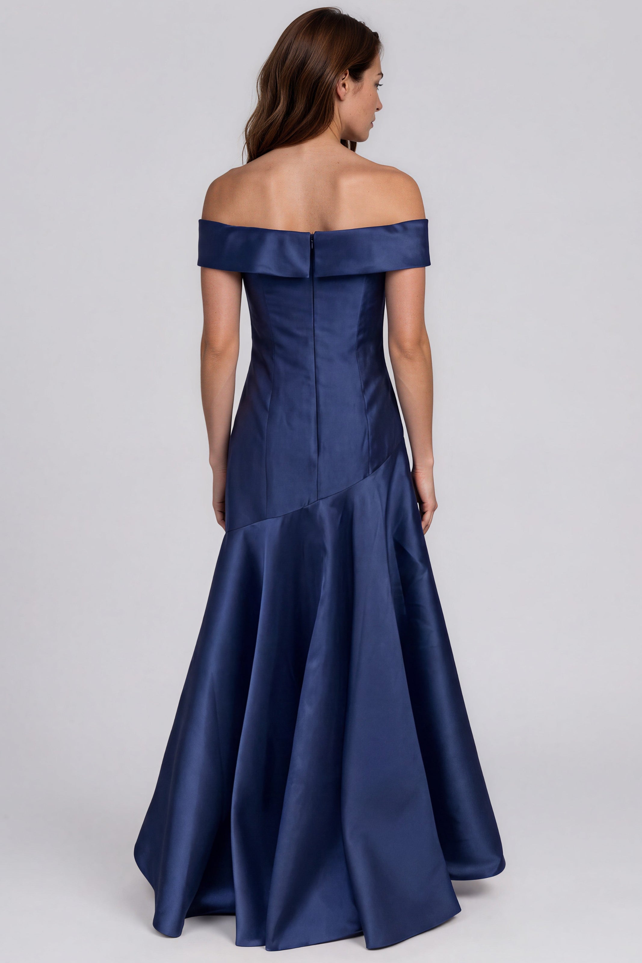 Off The Shoulder Asymmetric Waist Mikado Fit and Flare Gown Gown Rene Ruiz Collection