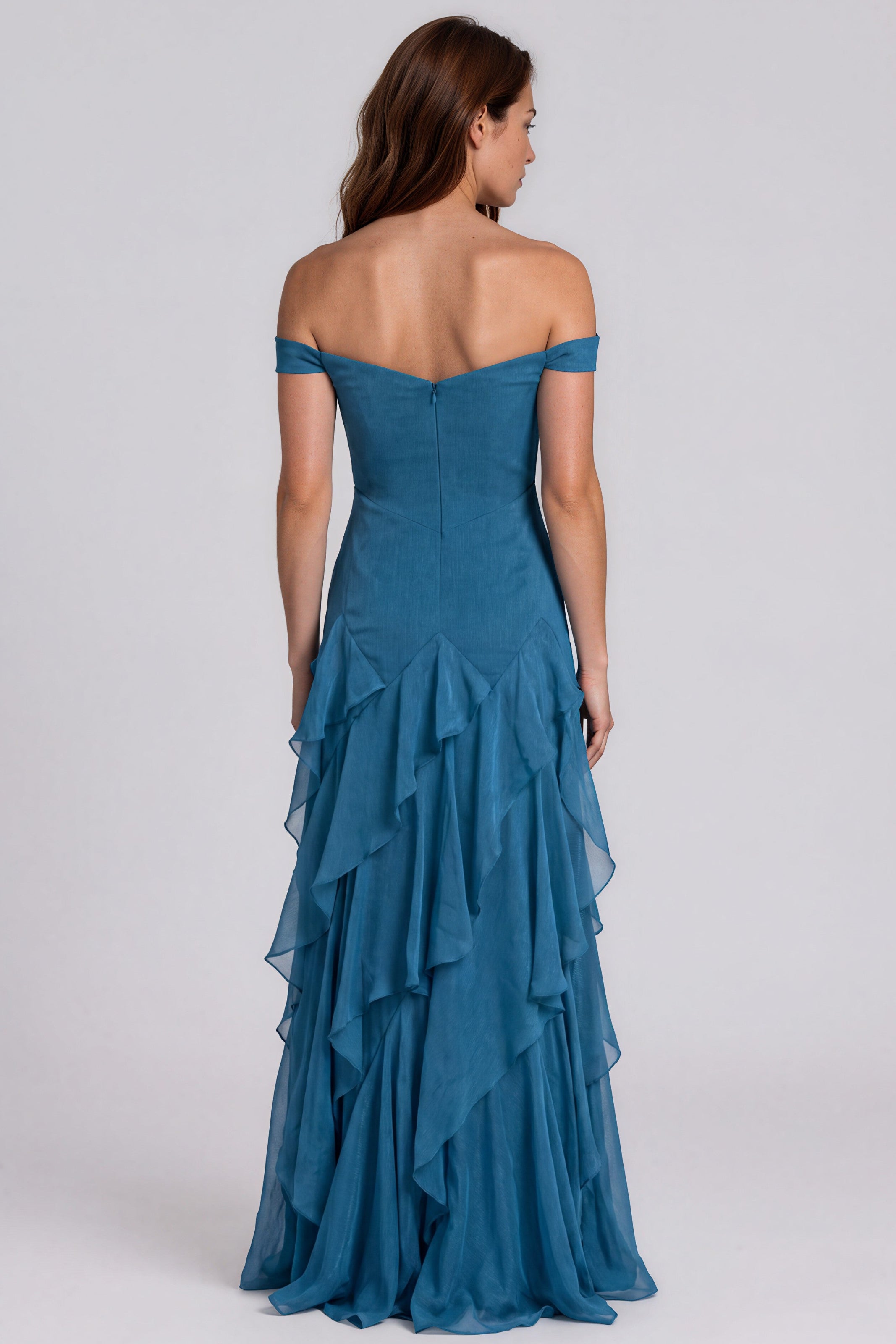 Off The Shoulder Tiered Ruffle Skirt Fit And Flare Chiffon Gown Gown Rene Ruiz Collection
