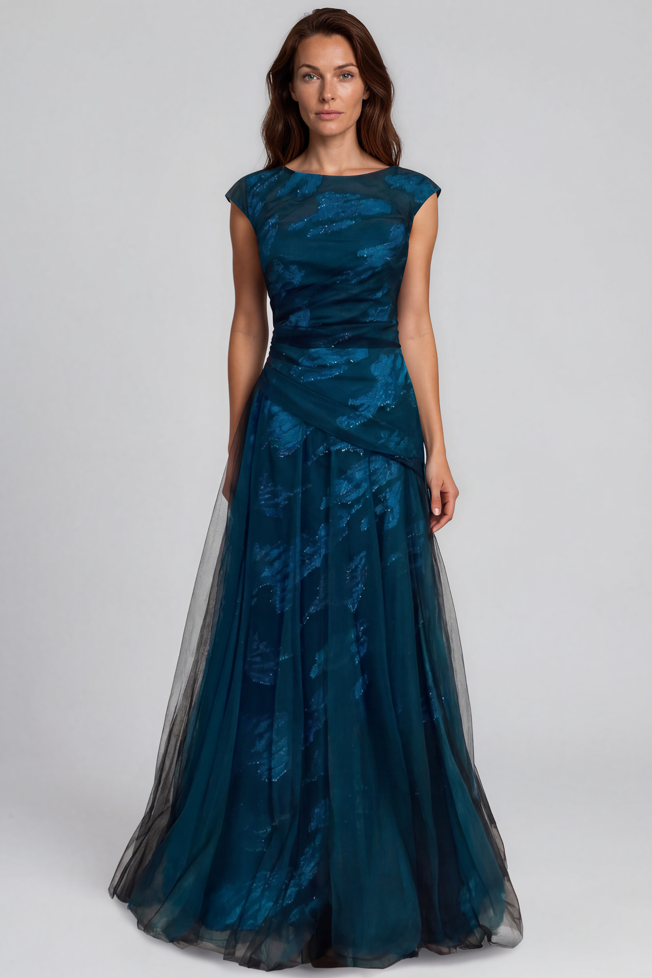 Cap Sleeve Printed Organza A-Line Gown with Draped Waist and Tulle Overlay Gown Rene Ruiz Collection